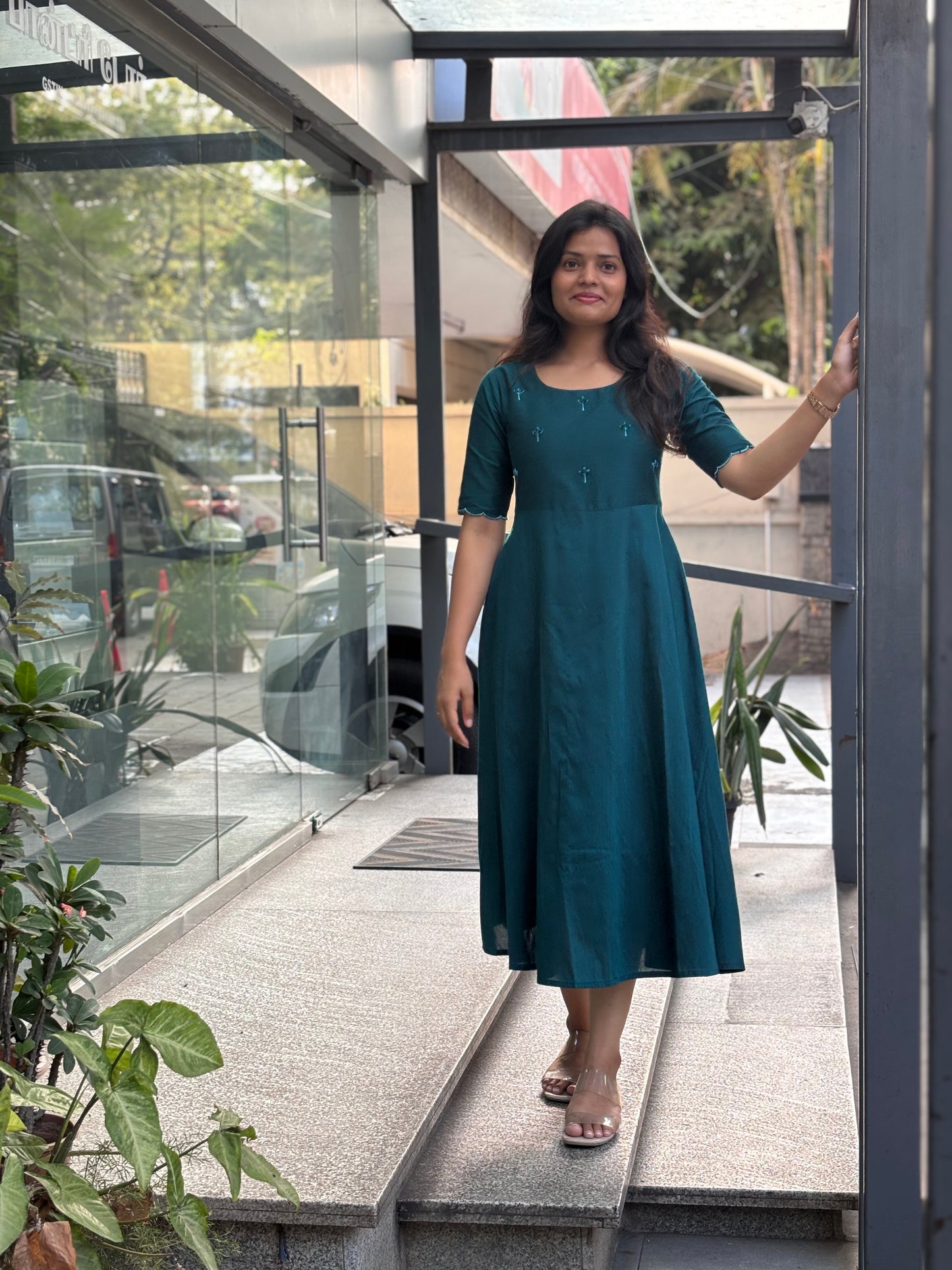 Tara - Teal color silk cotton dress with handwork