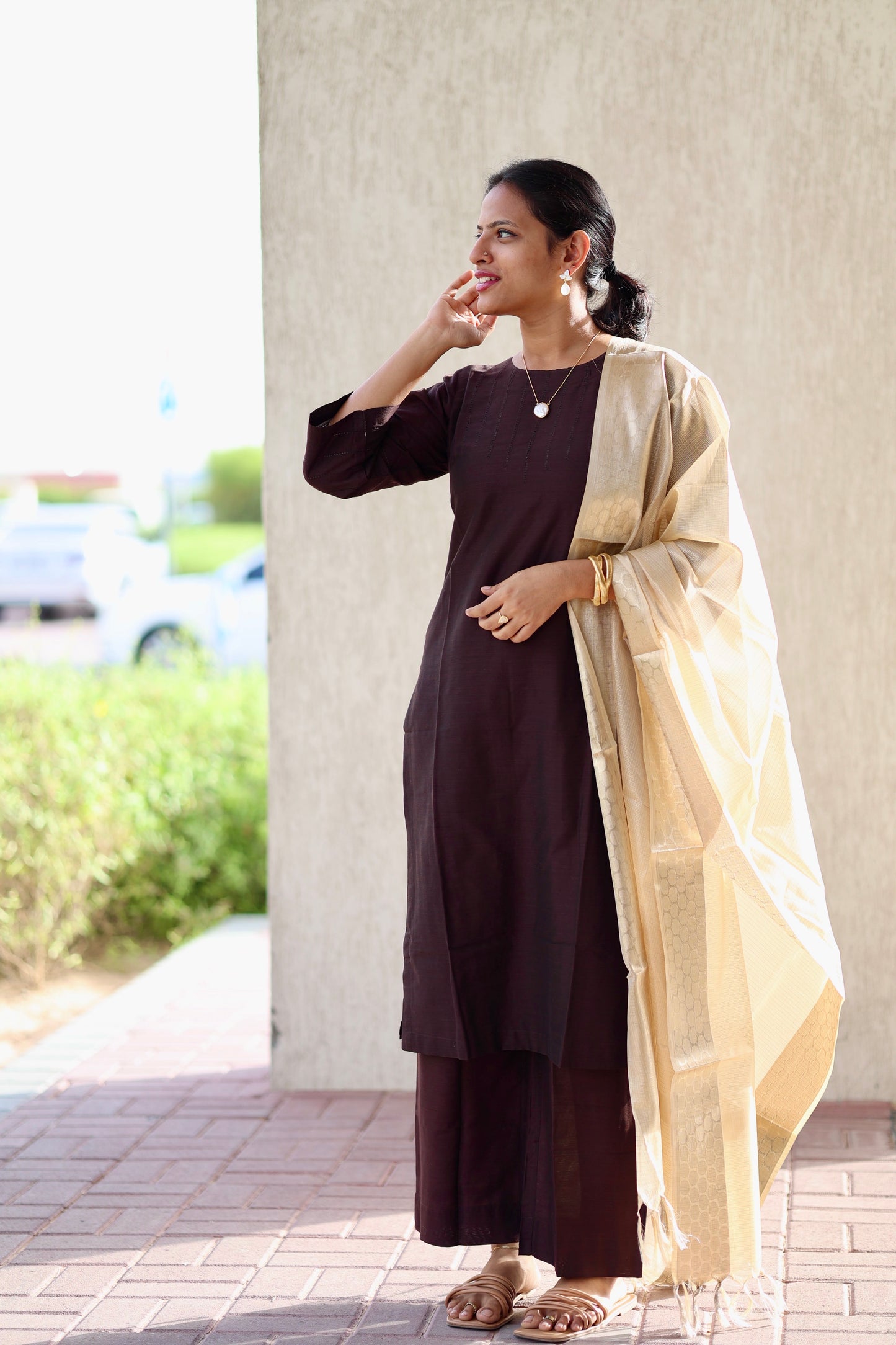Abilasha - Brown Silk cotton set with Tissue dupatta