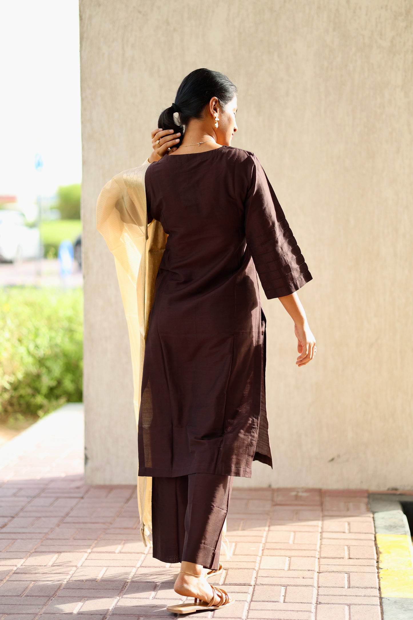 Abilasha - Brown Silk cotton set with Tissue dupatta