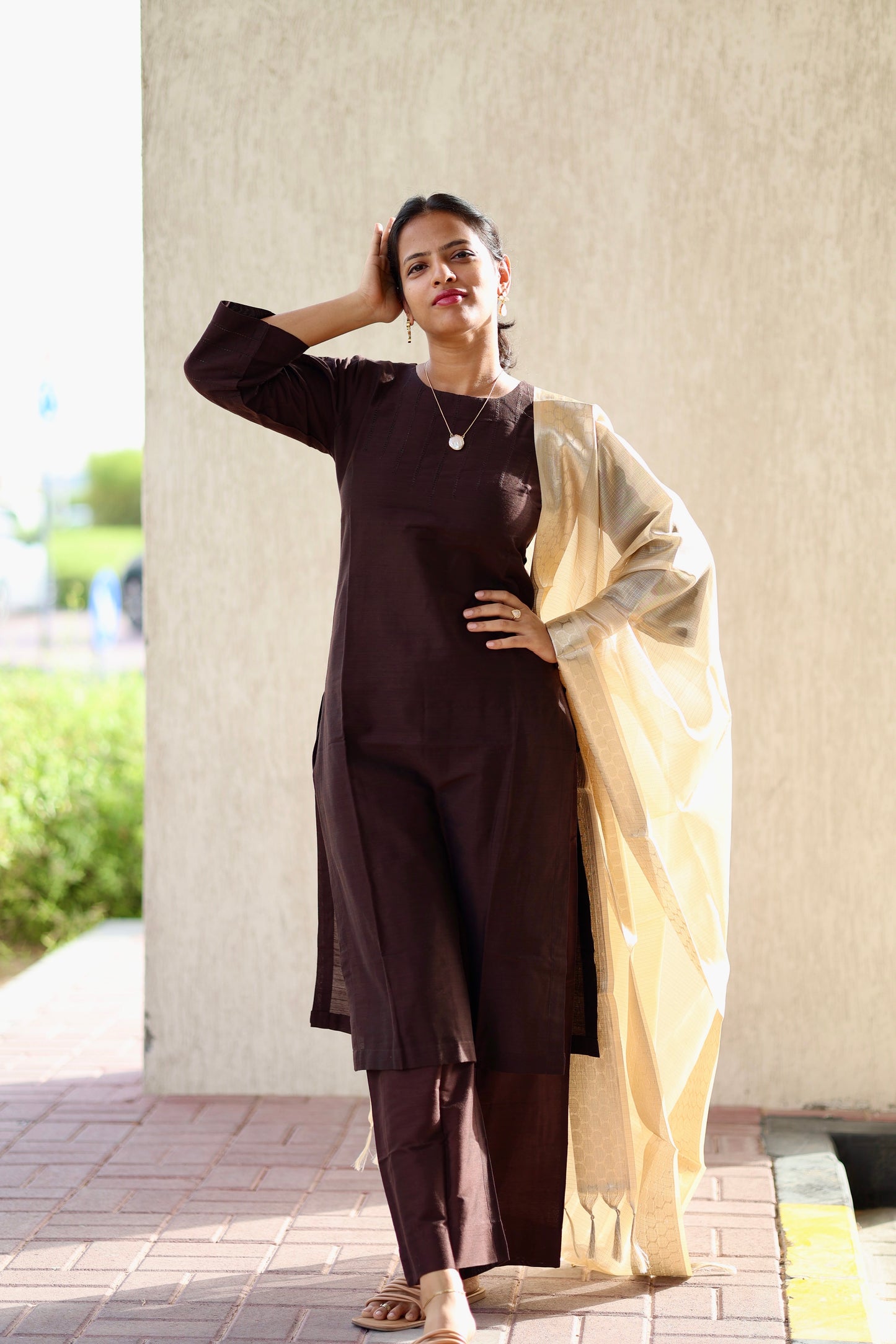 Abilasha - Brown Silk cotton set with Tissue dupatta