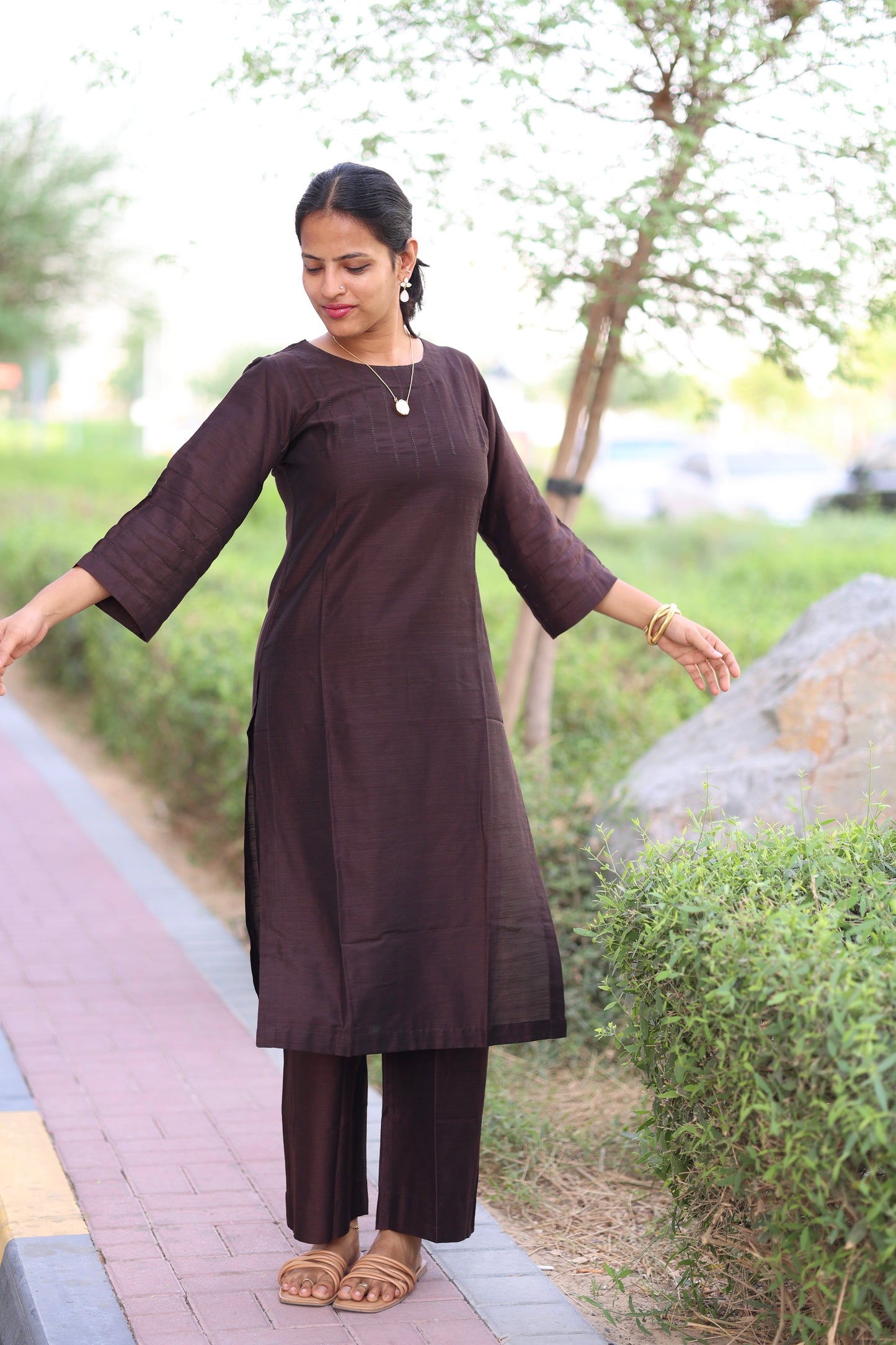 Abilasha - Brown Silk cotton set with Tissue dupatta