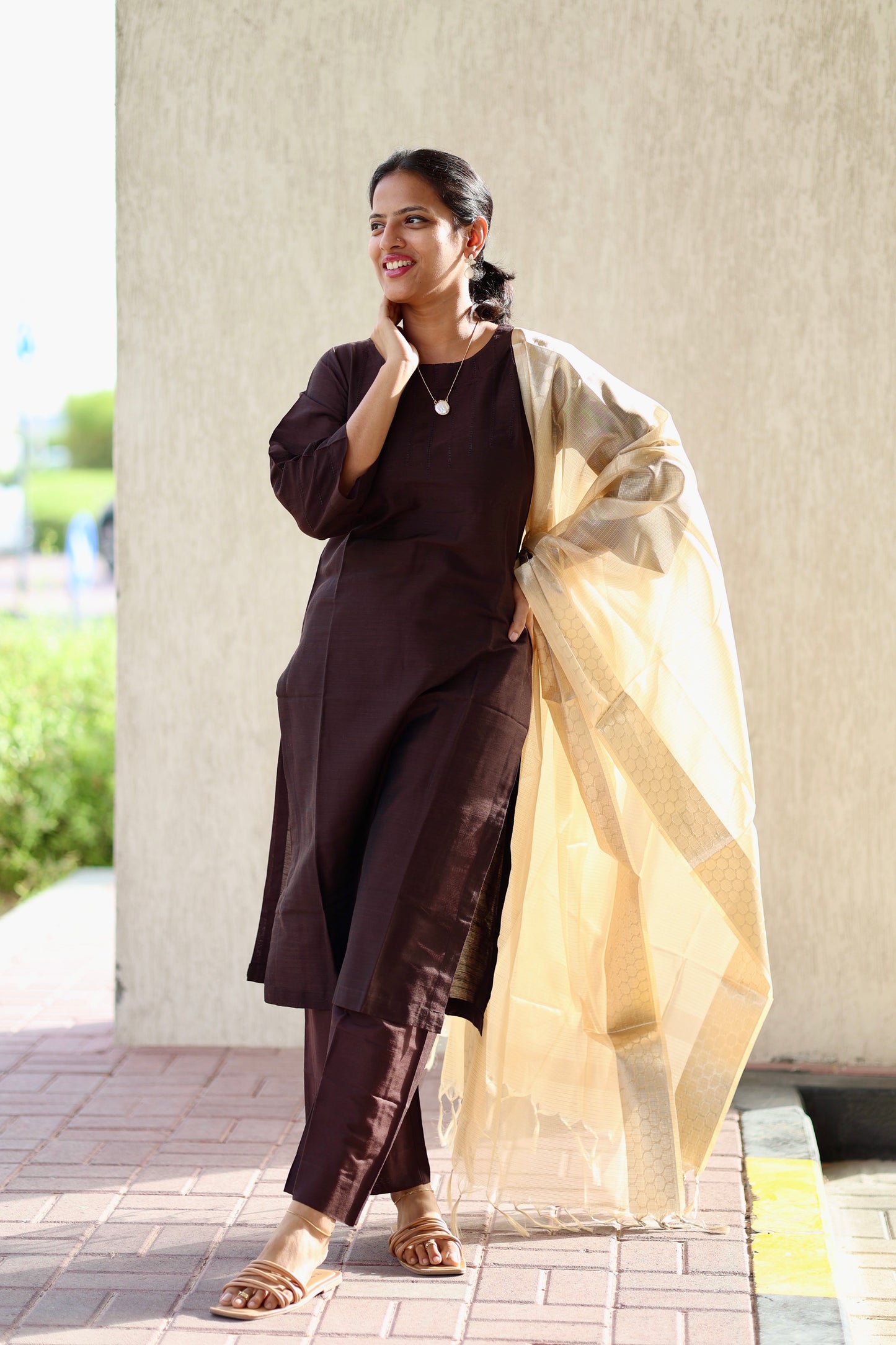 Abilasha - Brown Silk cotton set with Tissue dupatta