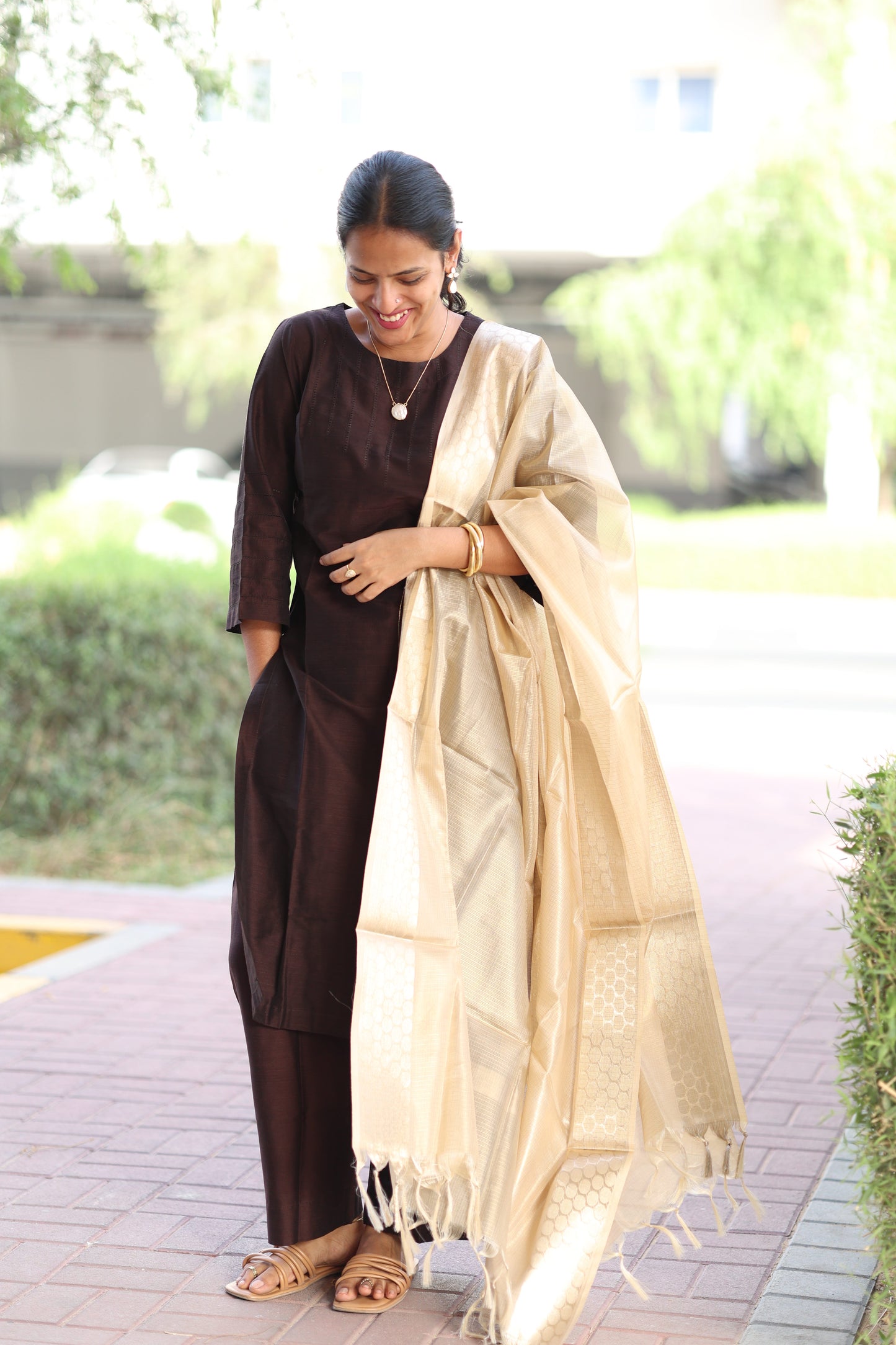 Abilasha - Brown Silk cotton set with Tissue dupatta