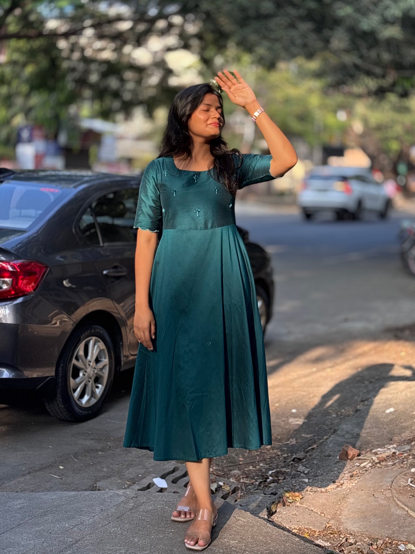 Tara - Teal color silk cotton dress with handwork