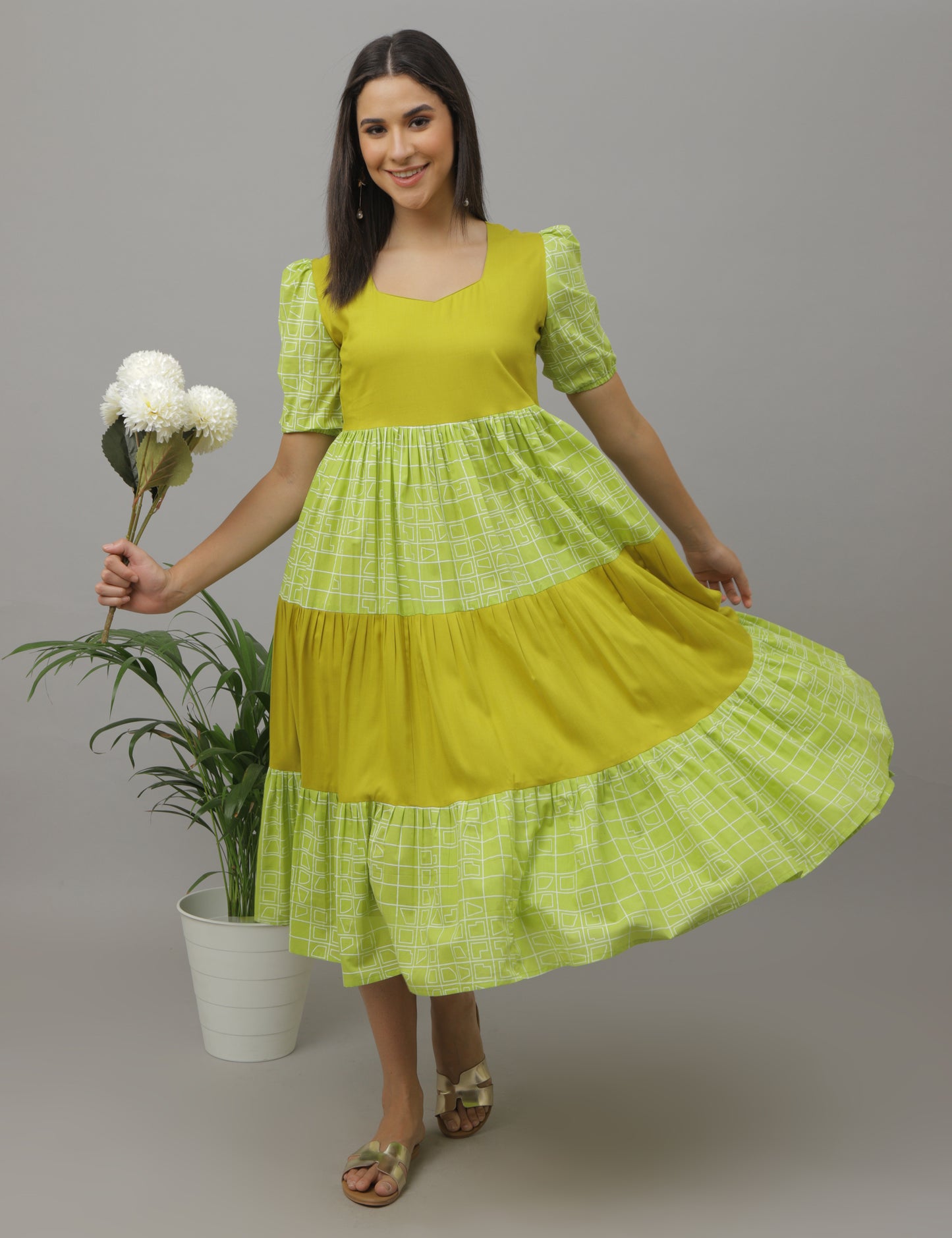 Krithika - Green Color Block - Layered Dress