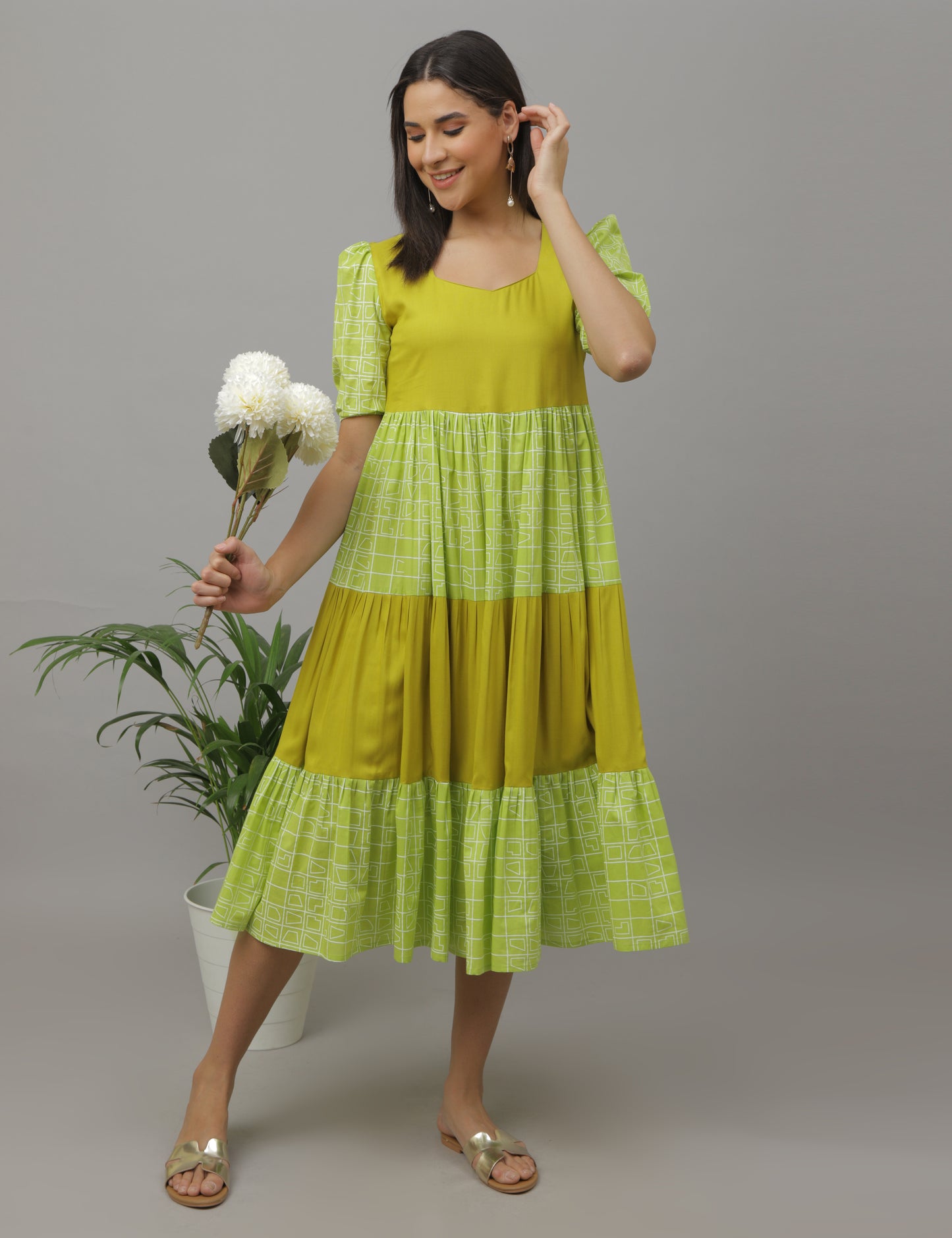 Krithika - Green Color Block - Layered Dress