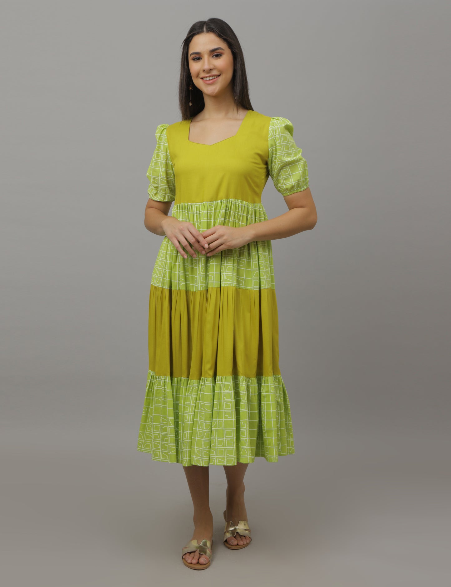Krithika - Green Color Block - Layered Dress