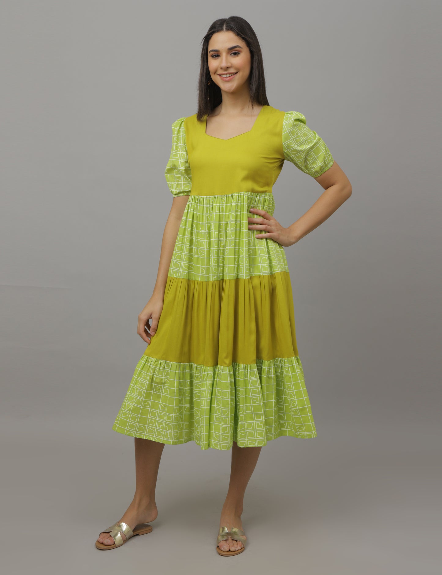 Krithika - Green Color Block - Layered Dress
