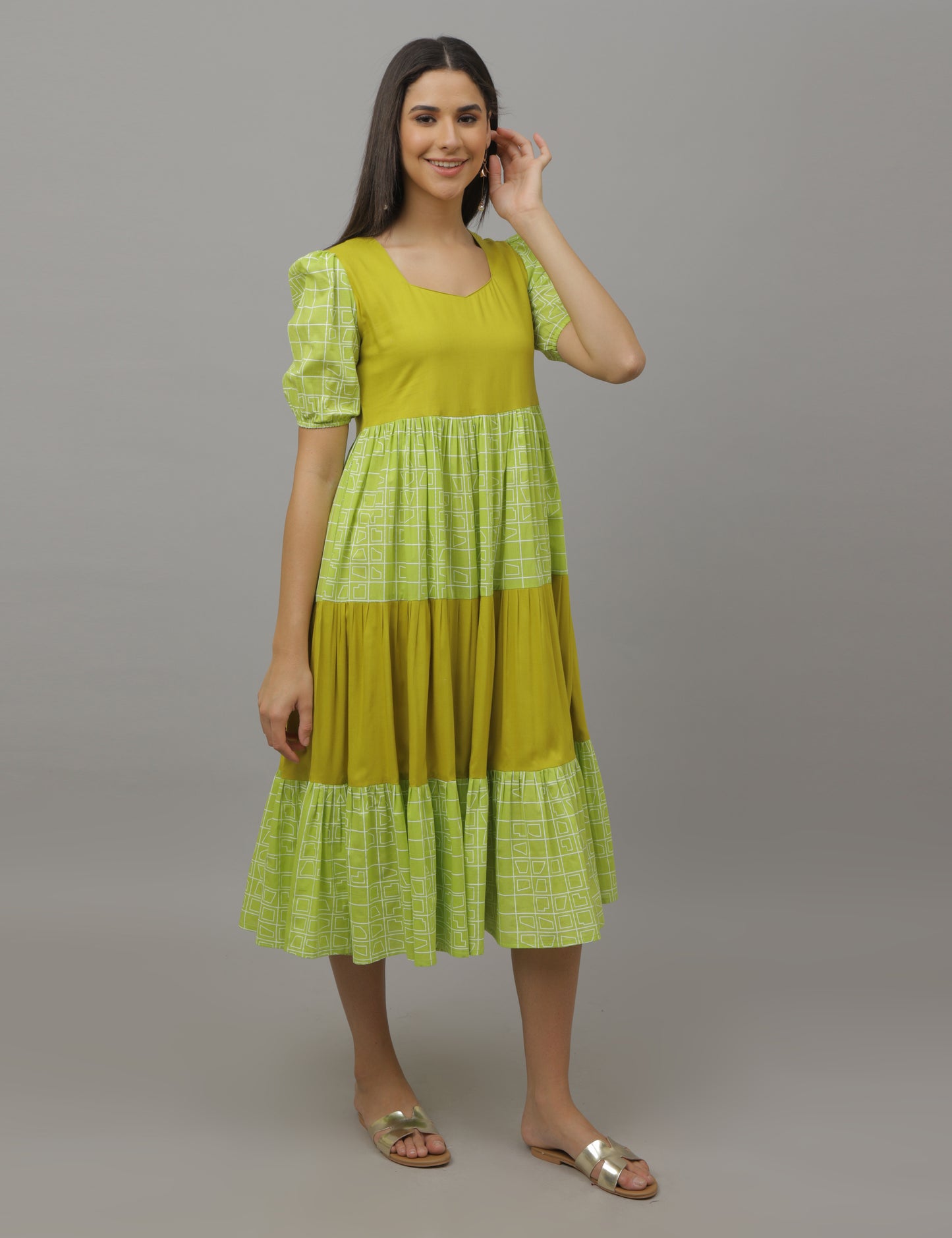 Krithika - Green Color Block - Layered Dress