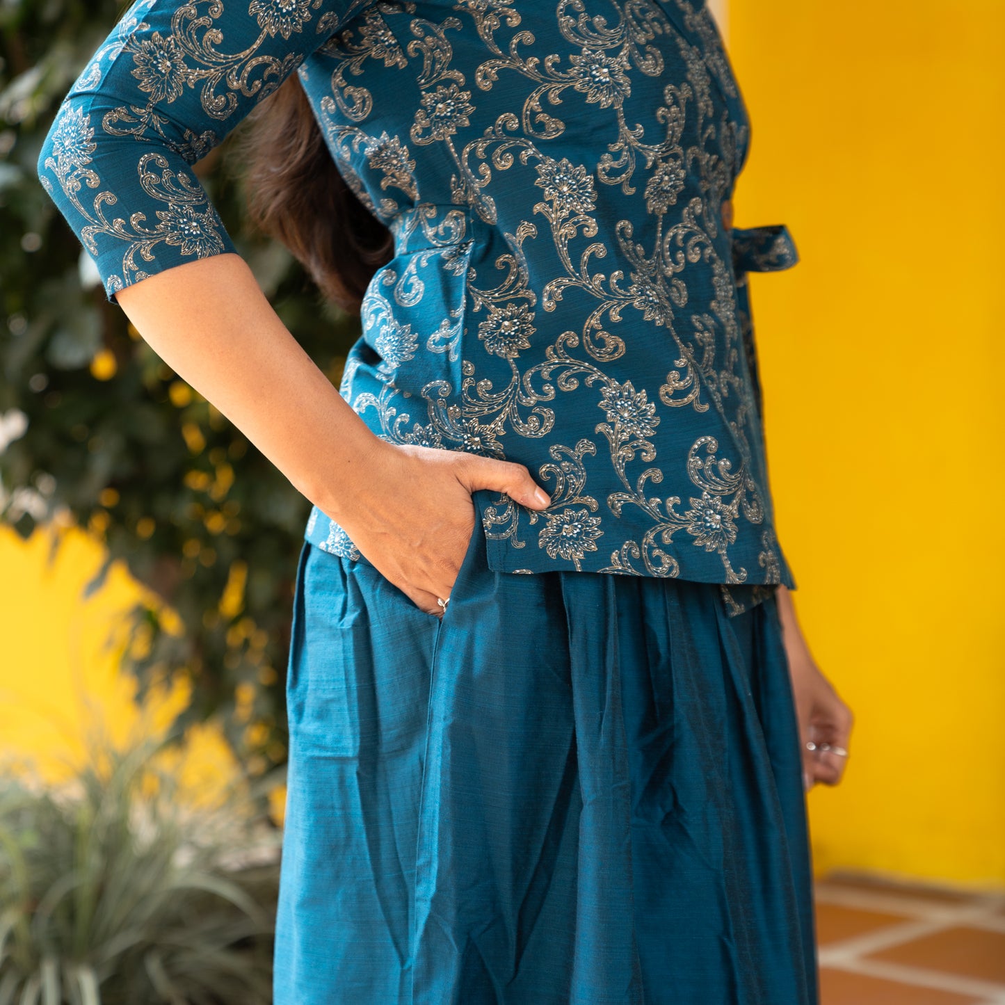 Hithaa - Silk Cotton Printed wrap top and skirt