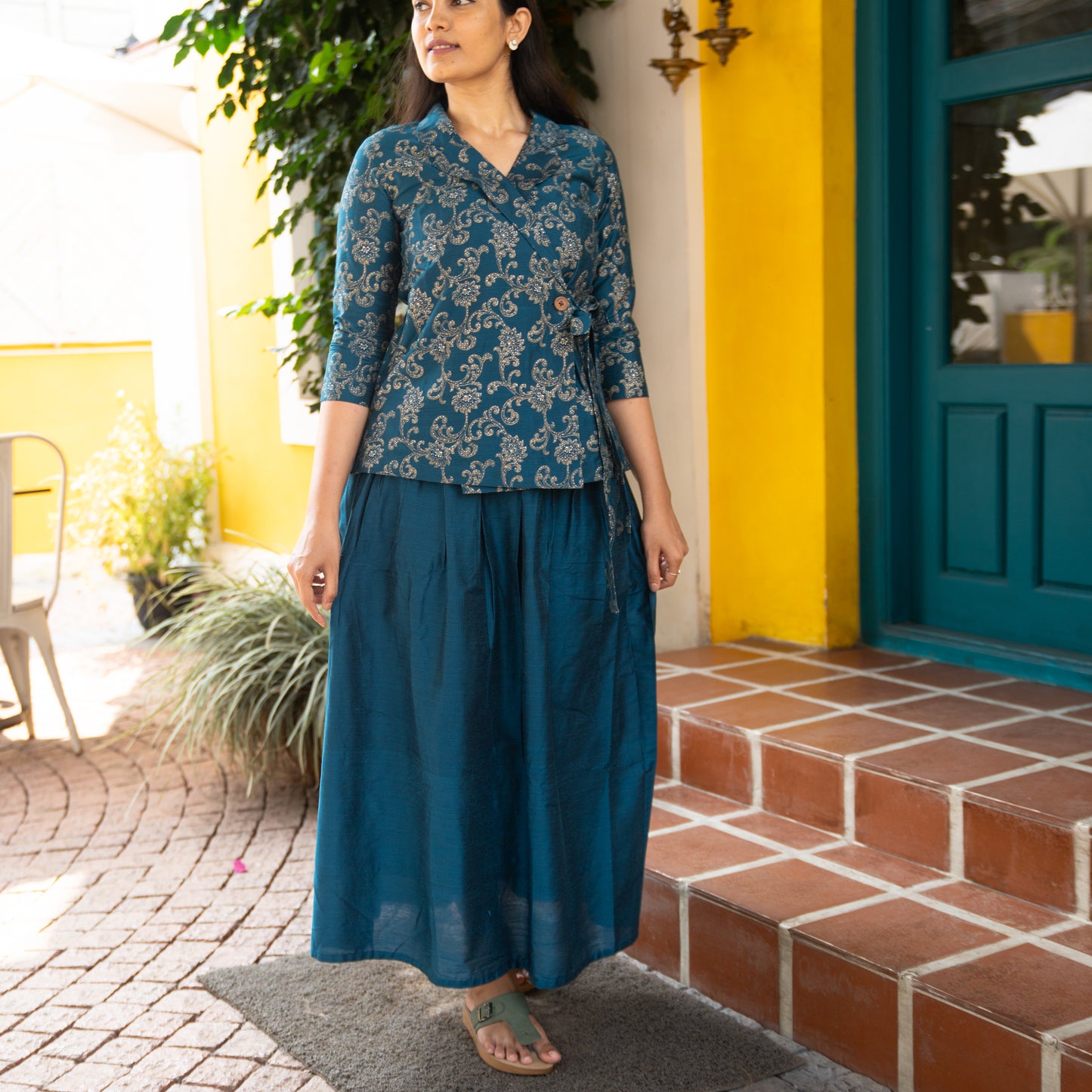 Hithaa - Silk Cotton Printed wrap top and skirt