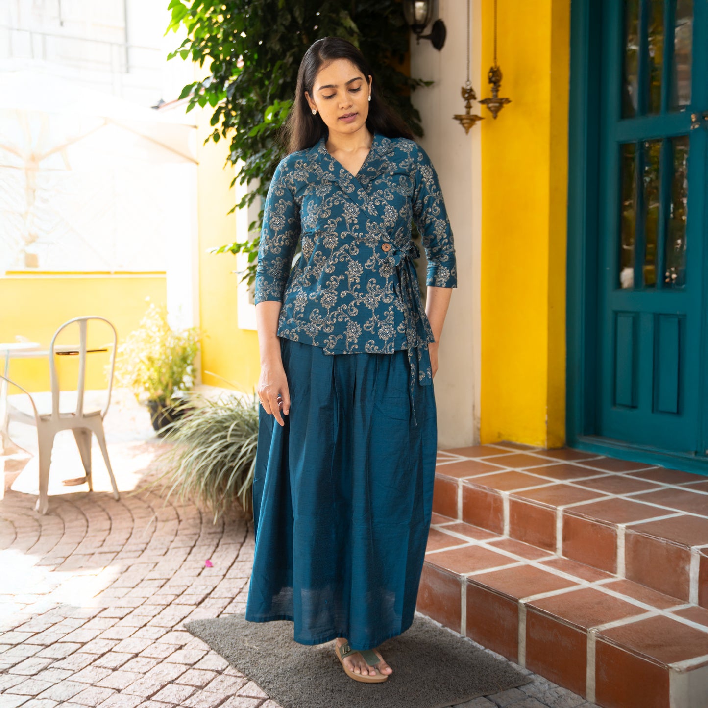 Hithaa - Silk Cotton Printed wrap top and skirt