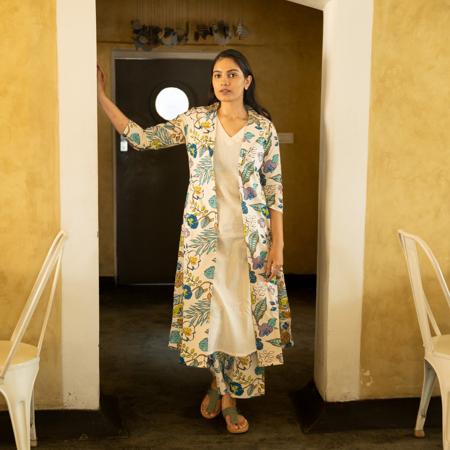 Lathika - Premium Floral Cotton Long jacket kurta set - Beige