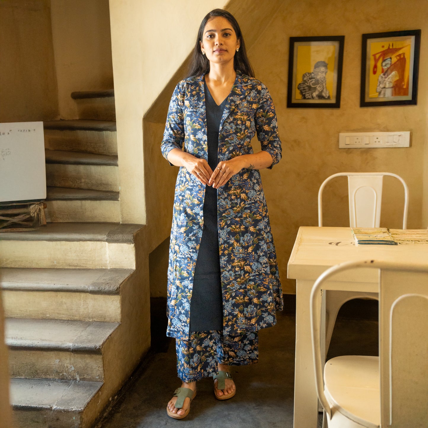 Lathika - Premium Floral Cotton Long jacket kurta set - Navy