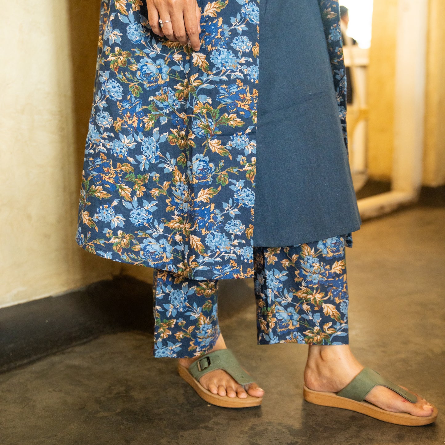 Lathika - Premium Floral Cotton Long jacket kurta set - Navy