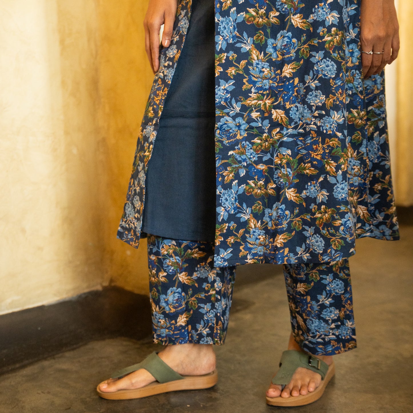 Lathika - Premium Floral Cotton Long jacket kurta set - Navy