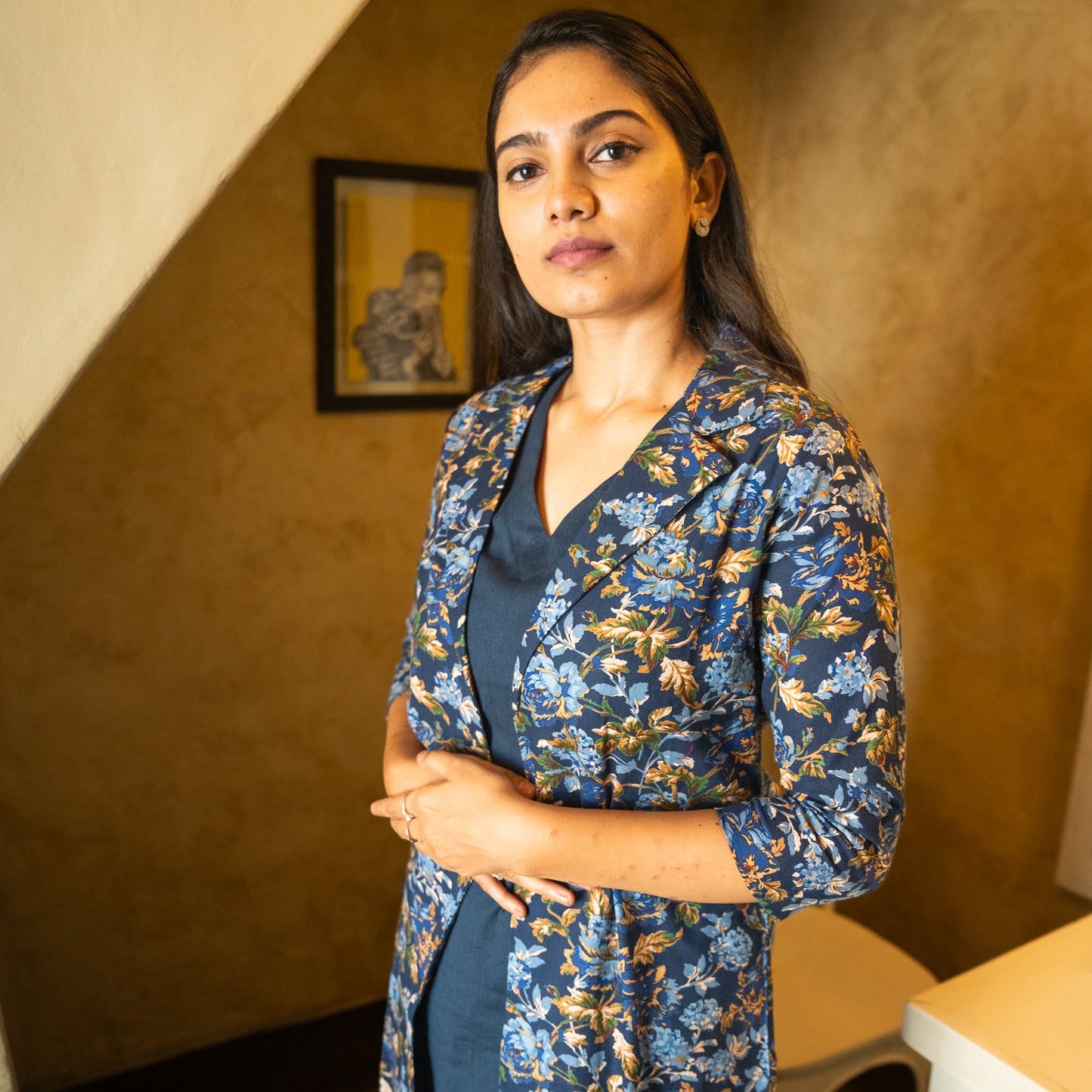 Lathika - Premium Floral Cotton Long jacket kurta set - Navy