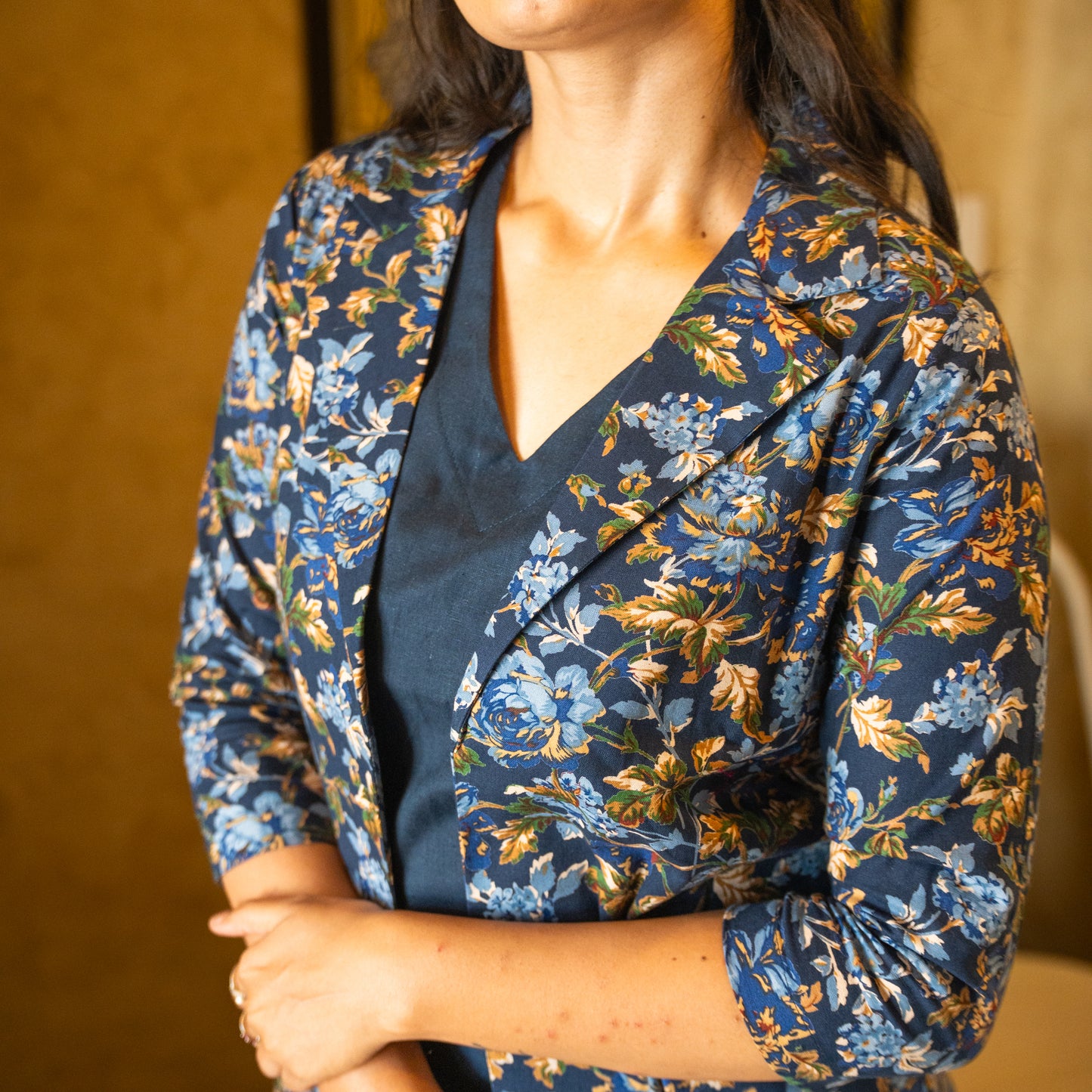 Lathika - Premium Floral Cotton Long jacket kurta set - Navy