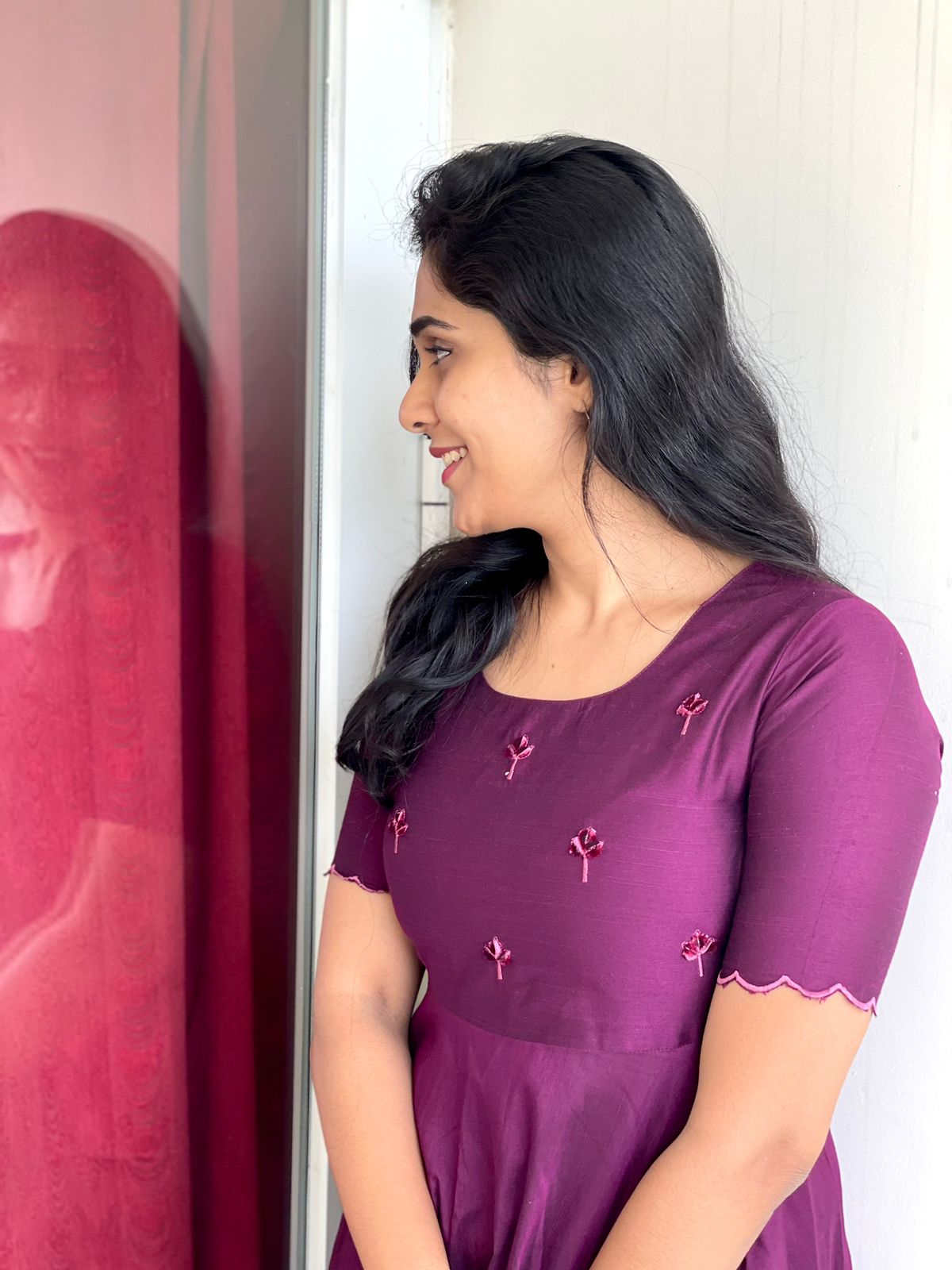 Tara - Wine color silk cotton dress with handwork