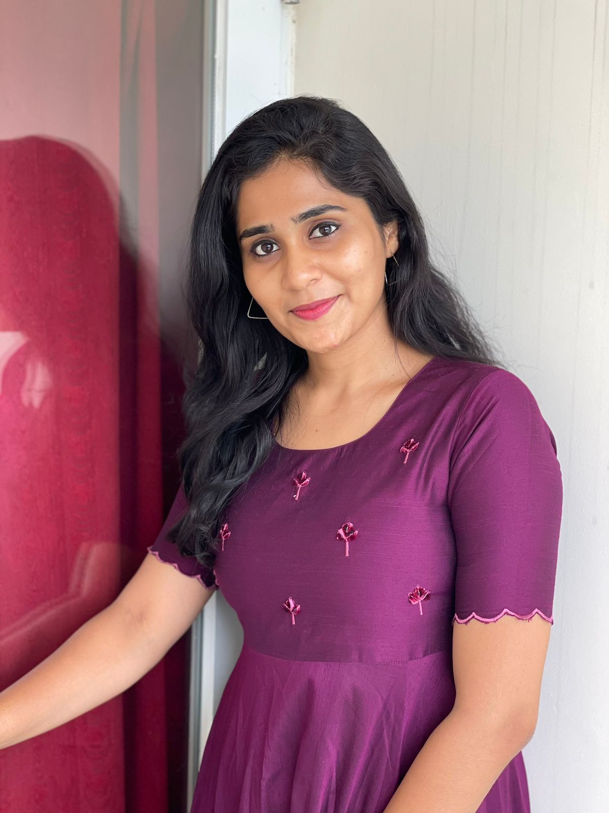 Tara - Wine color silk cotton dress with handwork