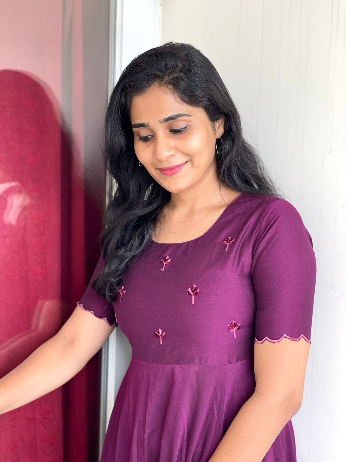 Tara - Wine color silk cotton dress with handwork