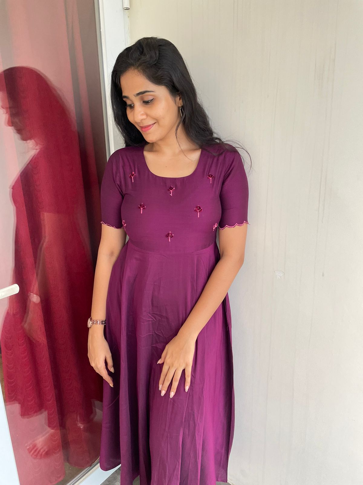 Tara - Wine color silk cotton dress with handwork
