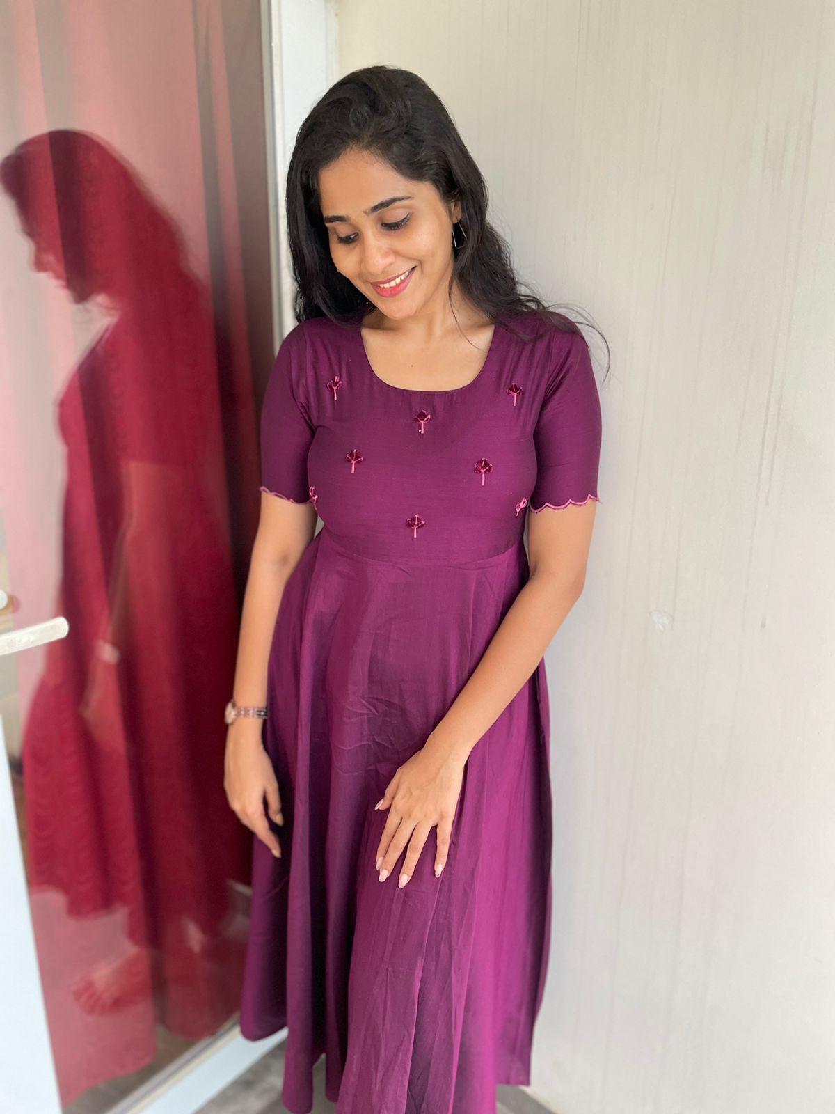 Tara - Wine color silk cotton dress with handwork