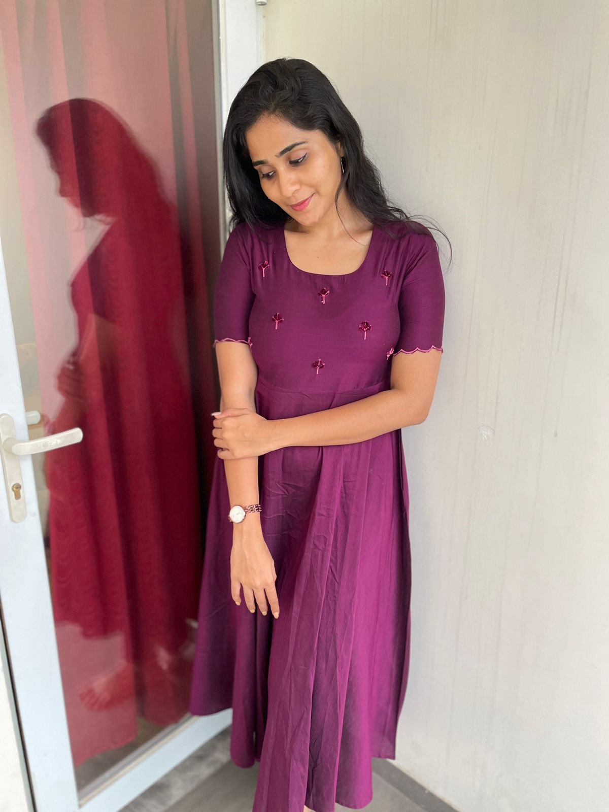 Tara - Wine color silk cotton dress with handwork