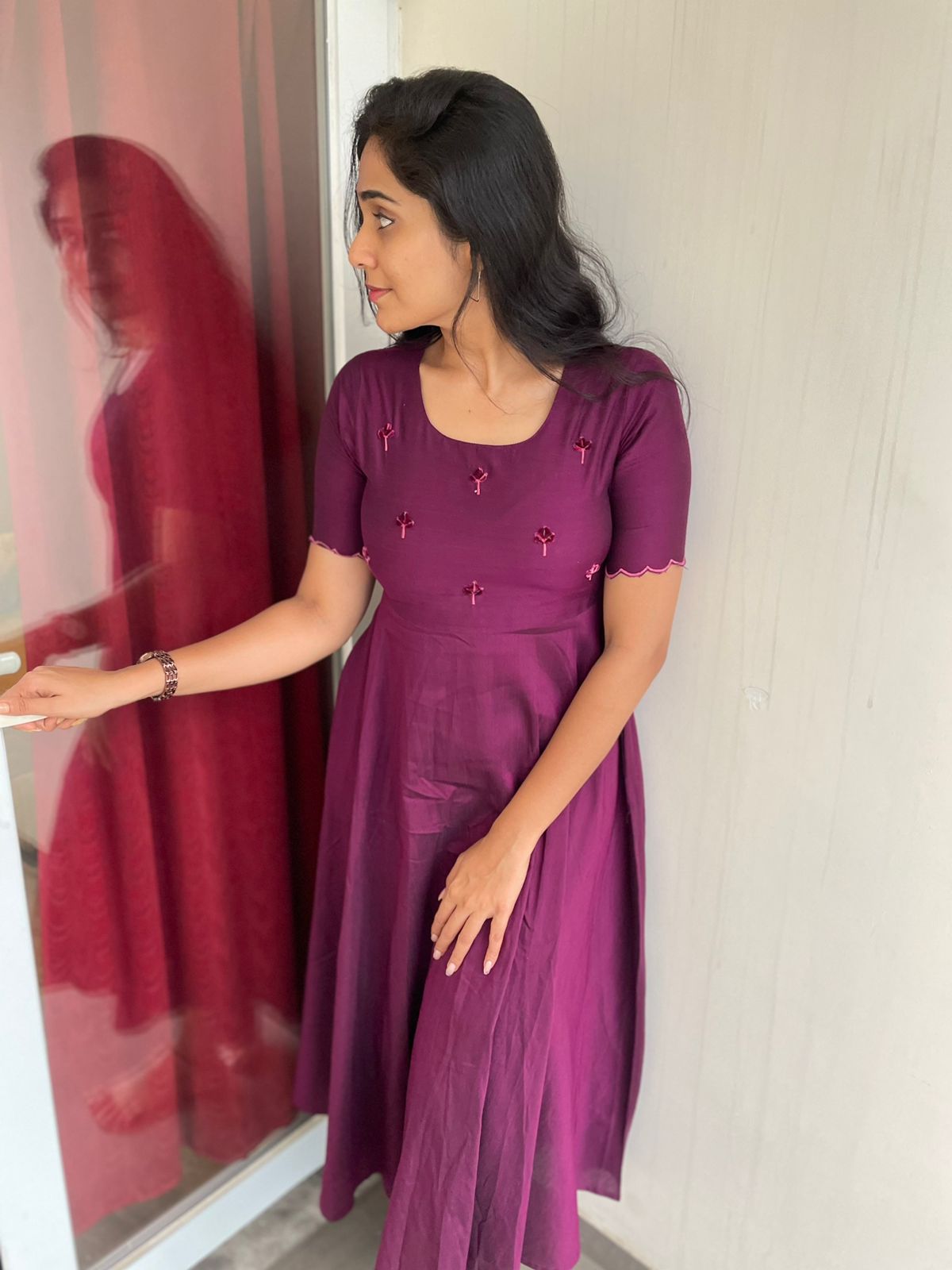 Tara - Wine color silk cotton dress with handwork