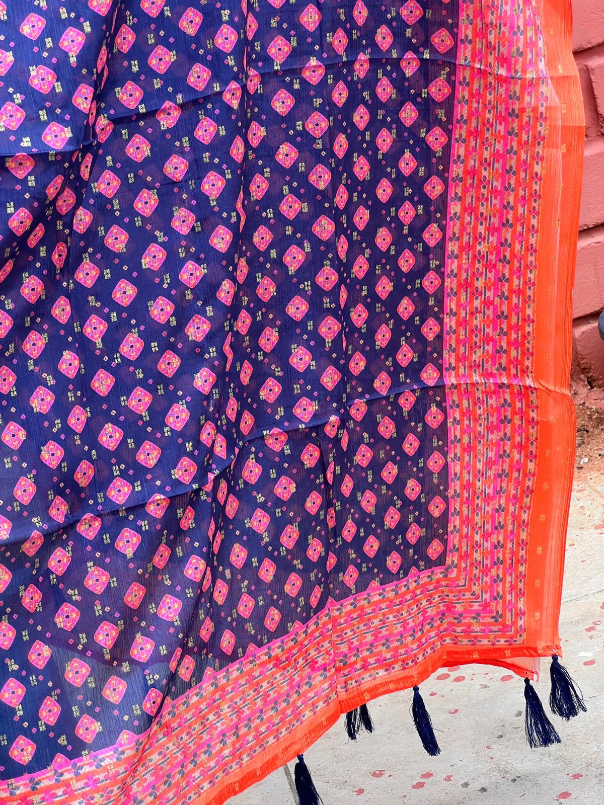 Maslin Dupatta - Navy Blue , Orange border