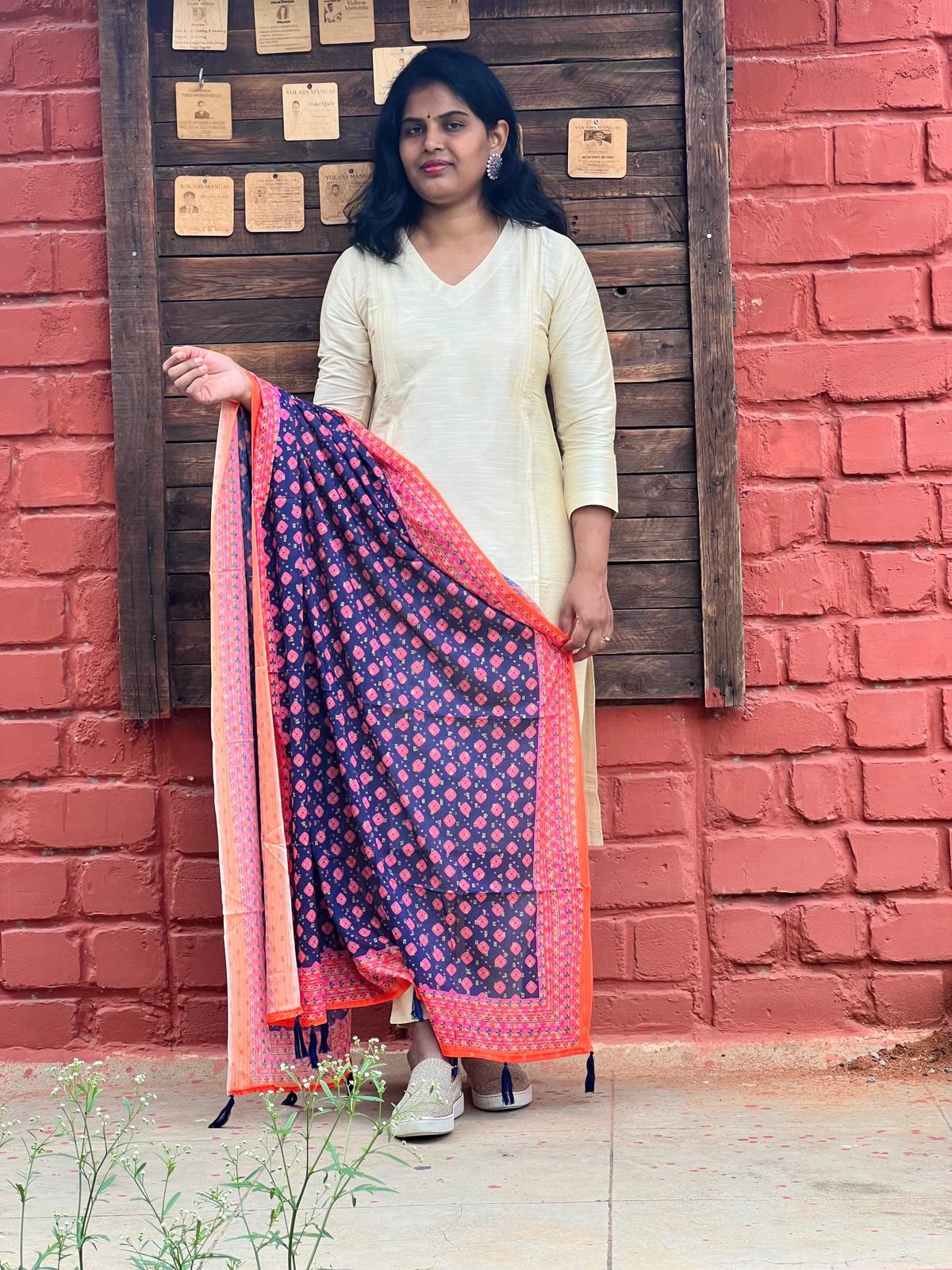 Maslin Dupatta - Navy Blue , Orange border