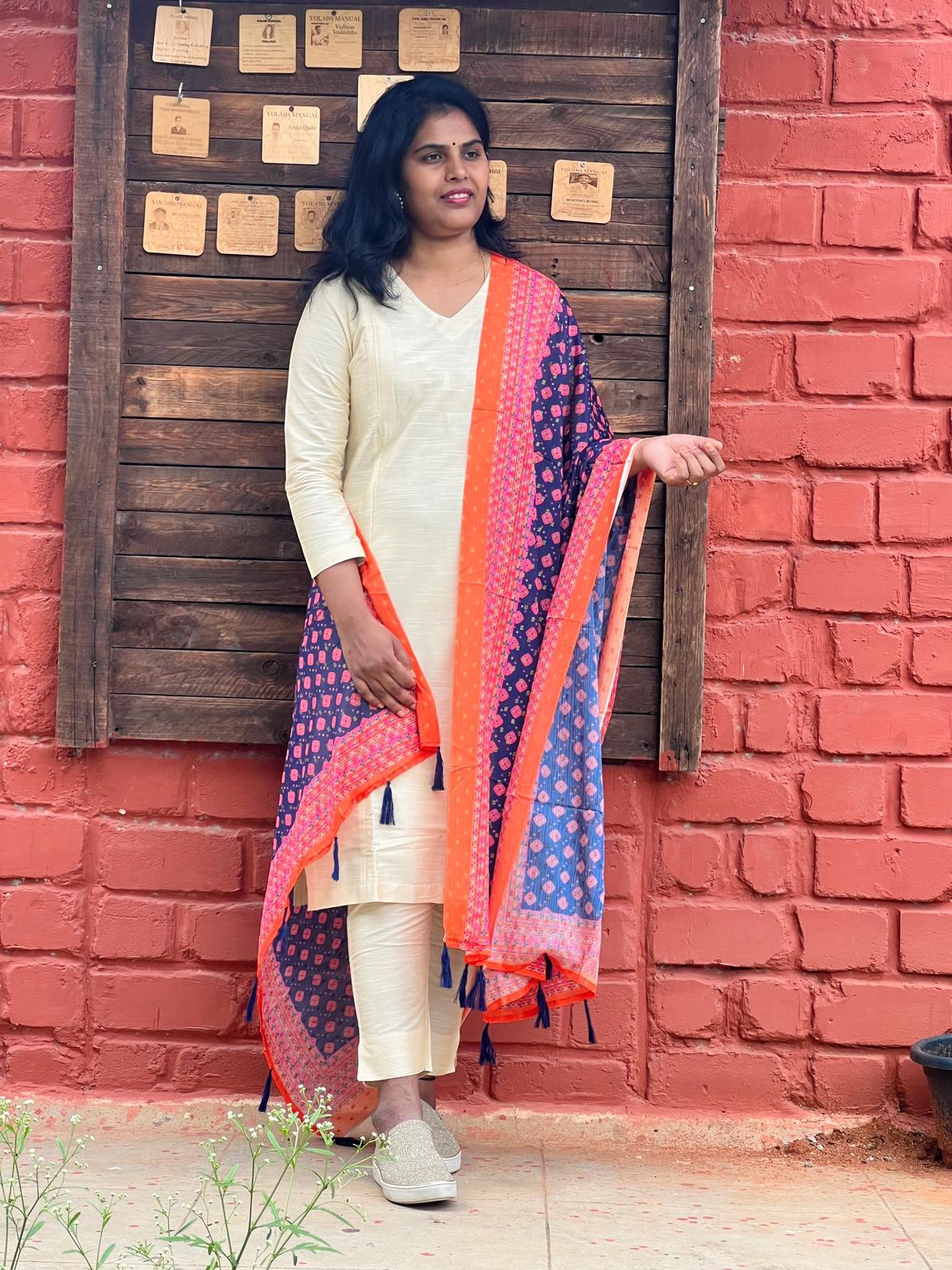 Maslin Dupatta - Navy Blue , Orange border