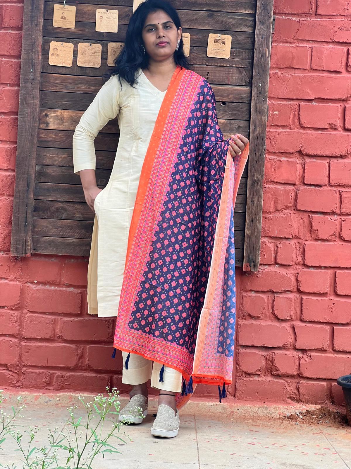 Maslin Dupatta - Navy Blue , Orange border