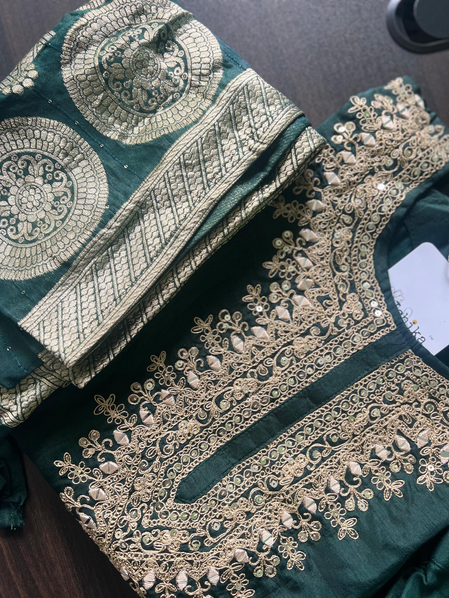 Anjali - Silk hand work kurti set - Bottle Green