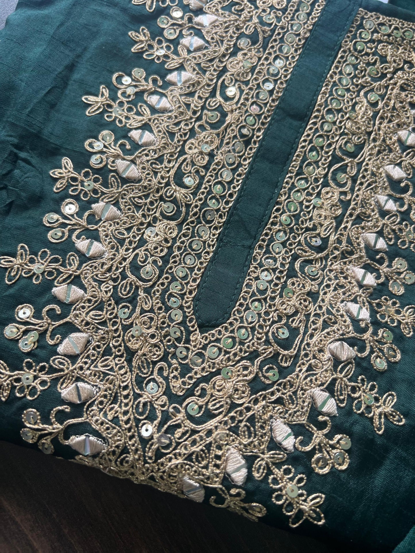 Anjali - Silk hand work kurti set - Bottle Green
