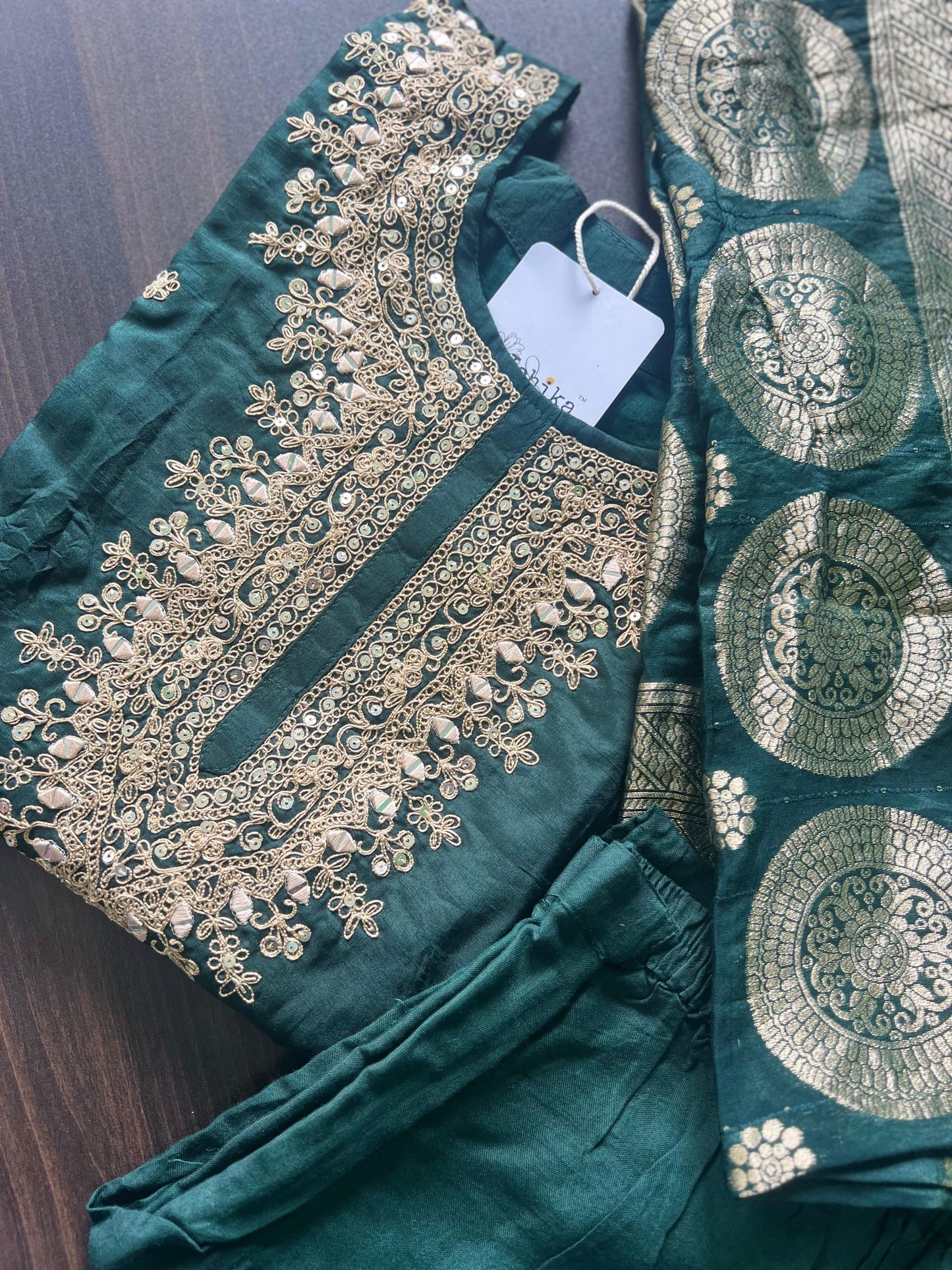 Anjali - Silk hand work kurti set - Bottle Green