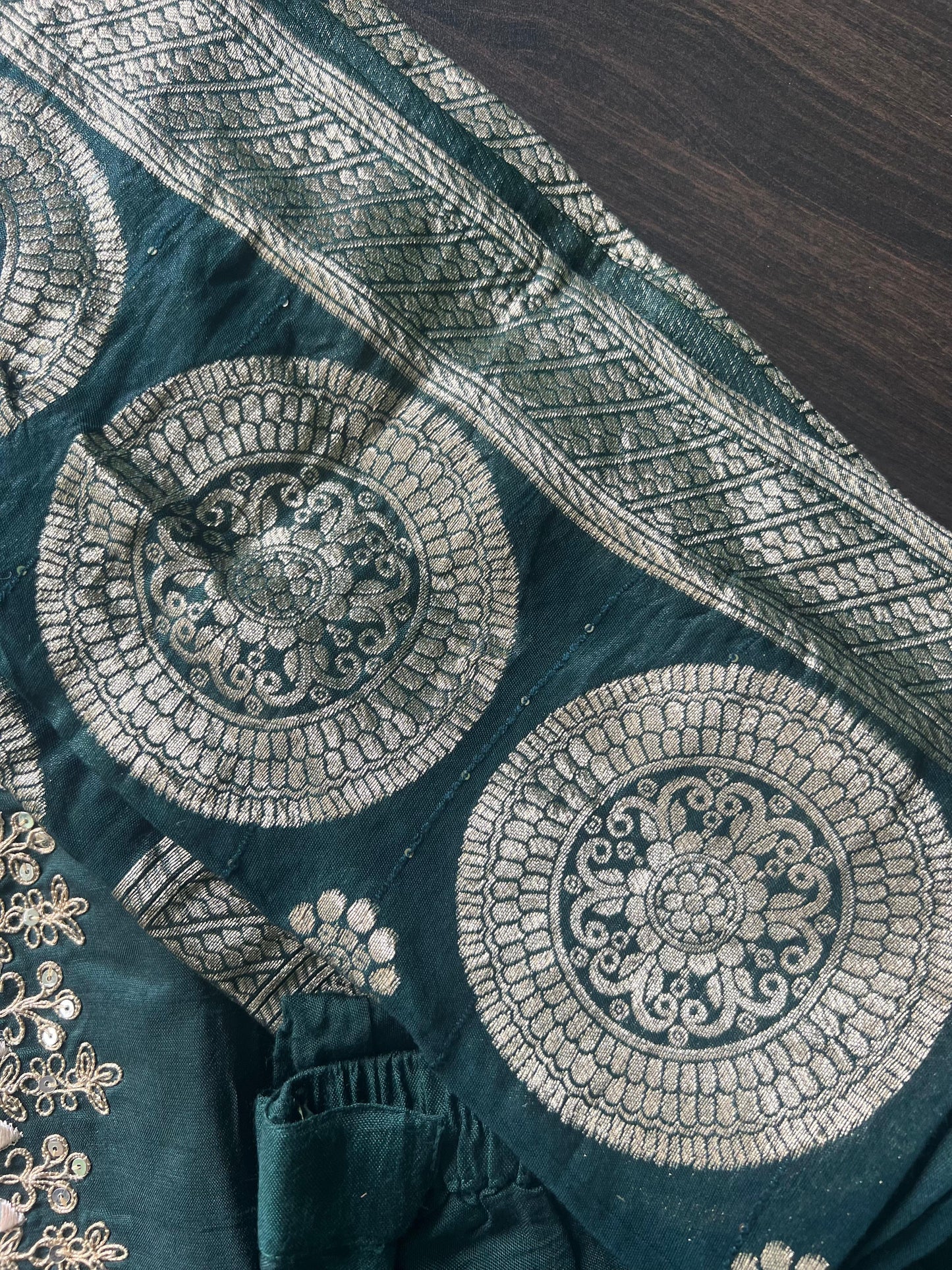 Anjali - Silk hand work kurti set - Bottle Green