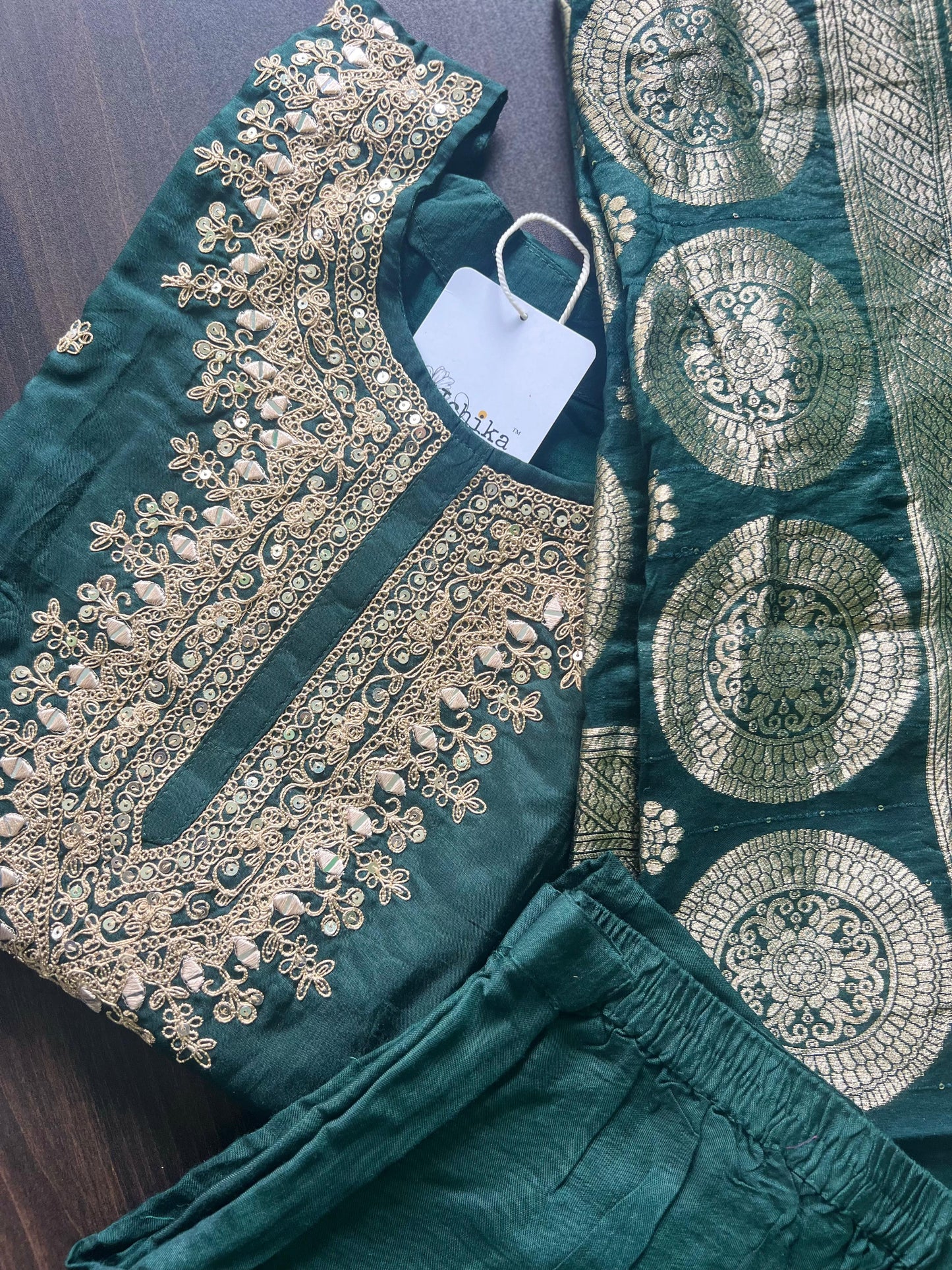 Anjali - Silk hand work kurti set - Bottle Green