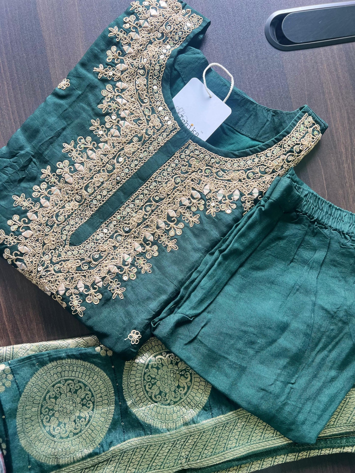 Anjali - Silk hand work kurti set - Bottle Green
