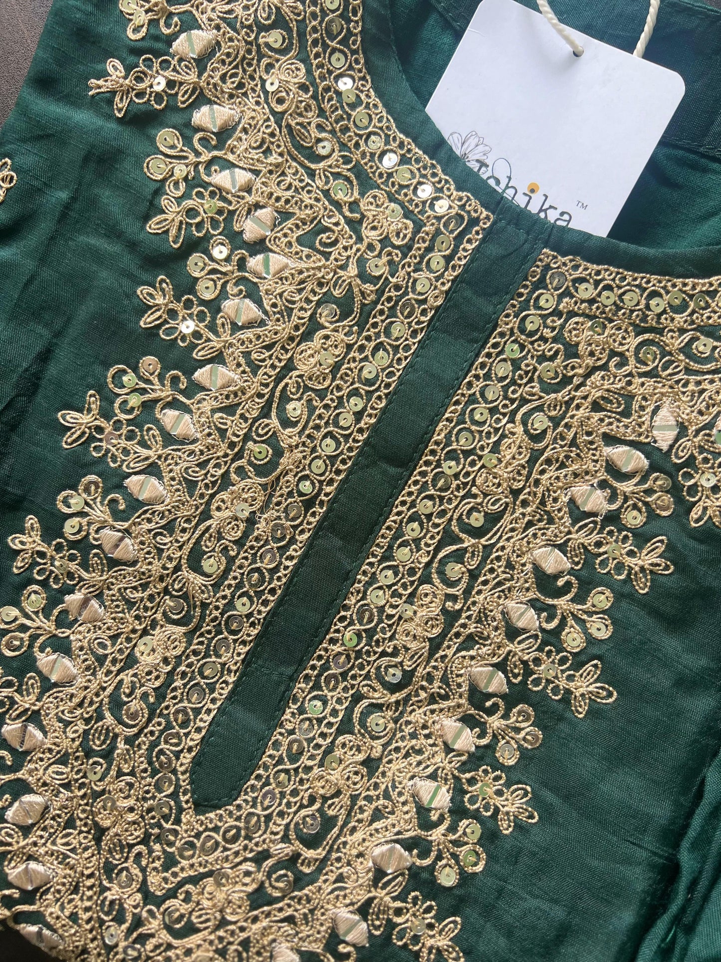 Anjali - Silk hand work kurti set - Bottle Green