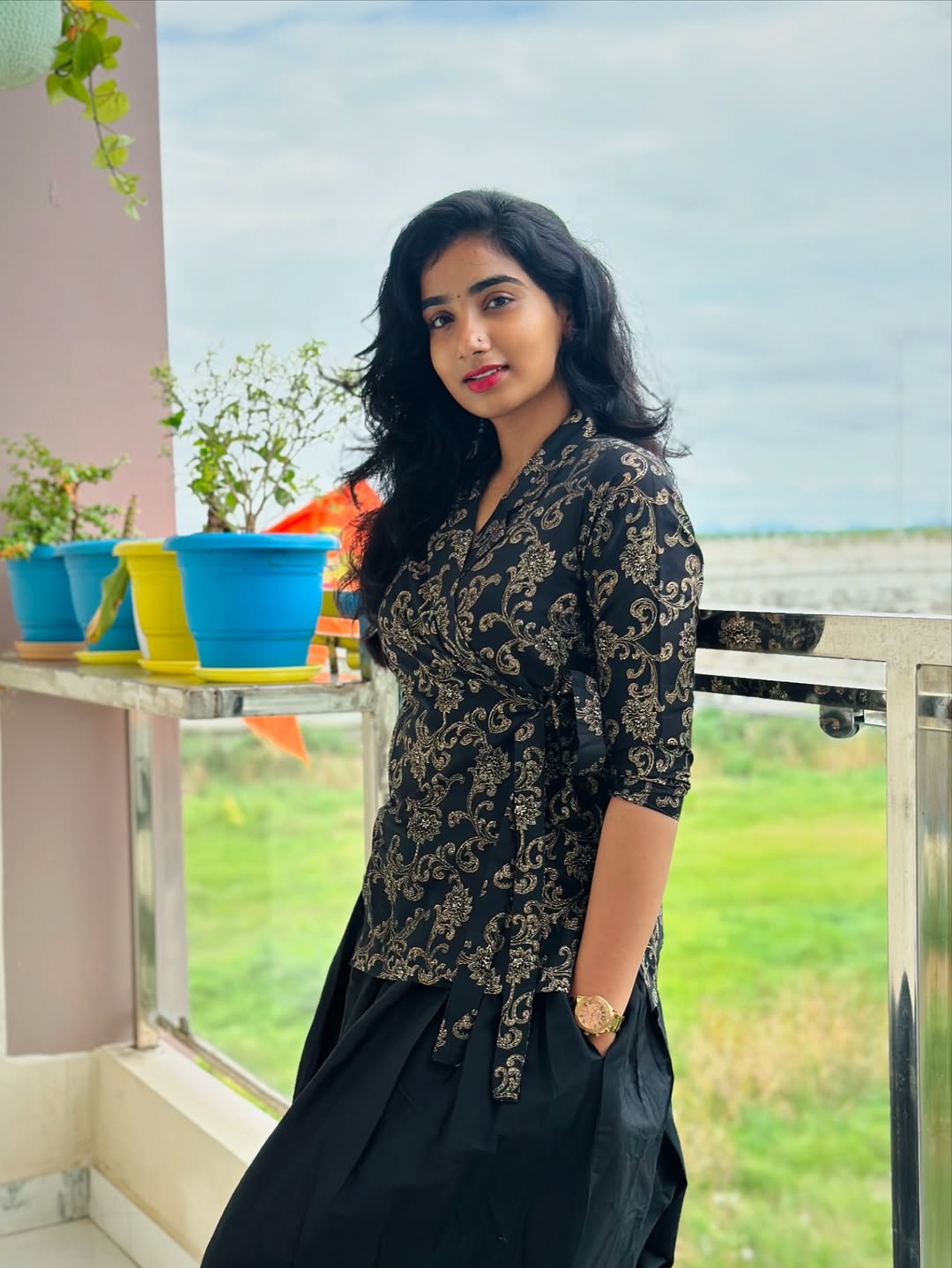 Anvitha - Silk Cotton Printed wrap top and skirt - Black