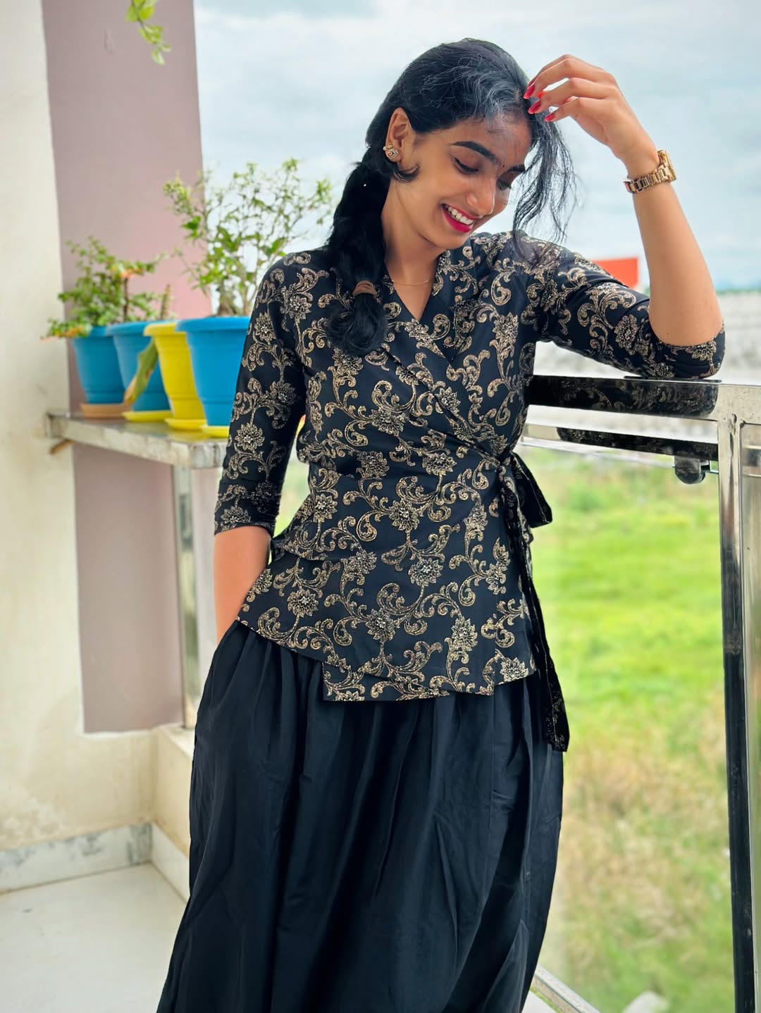 Anvitha - Silk Cotton Printed wrap top and skirt - Black