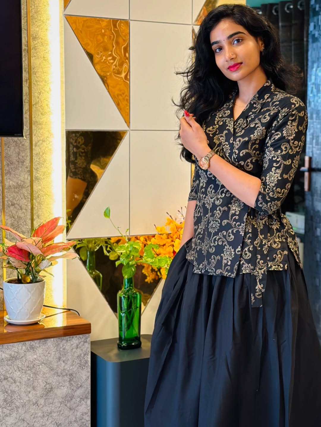 Anvitha - Silk Cotton Printed wrap top and skirt - Black