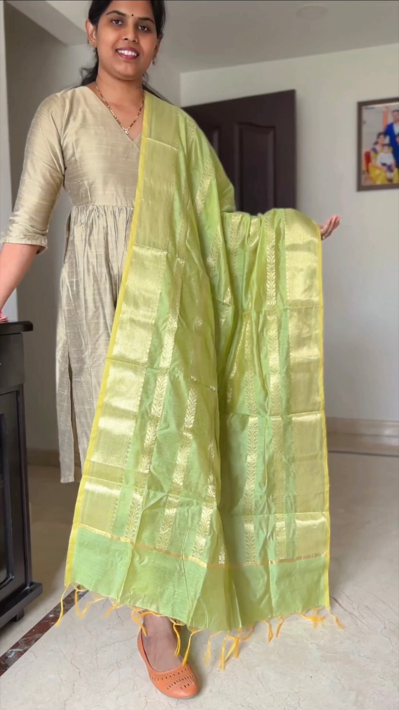 Aishwarya - Gold Silk cotton set with Pistachio banarasi dupatta