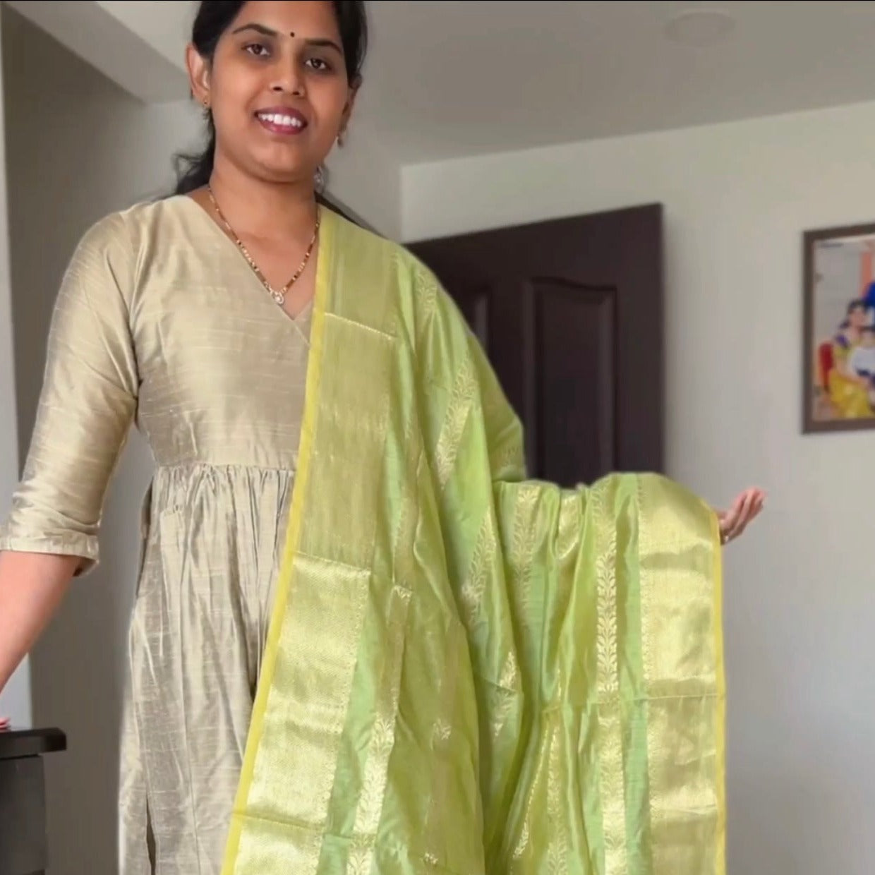 Aishwarya - Gold Silk cotton set with Pistachio banarasi dupatta