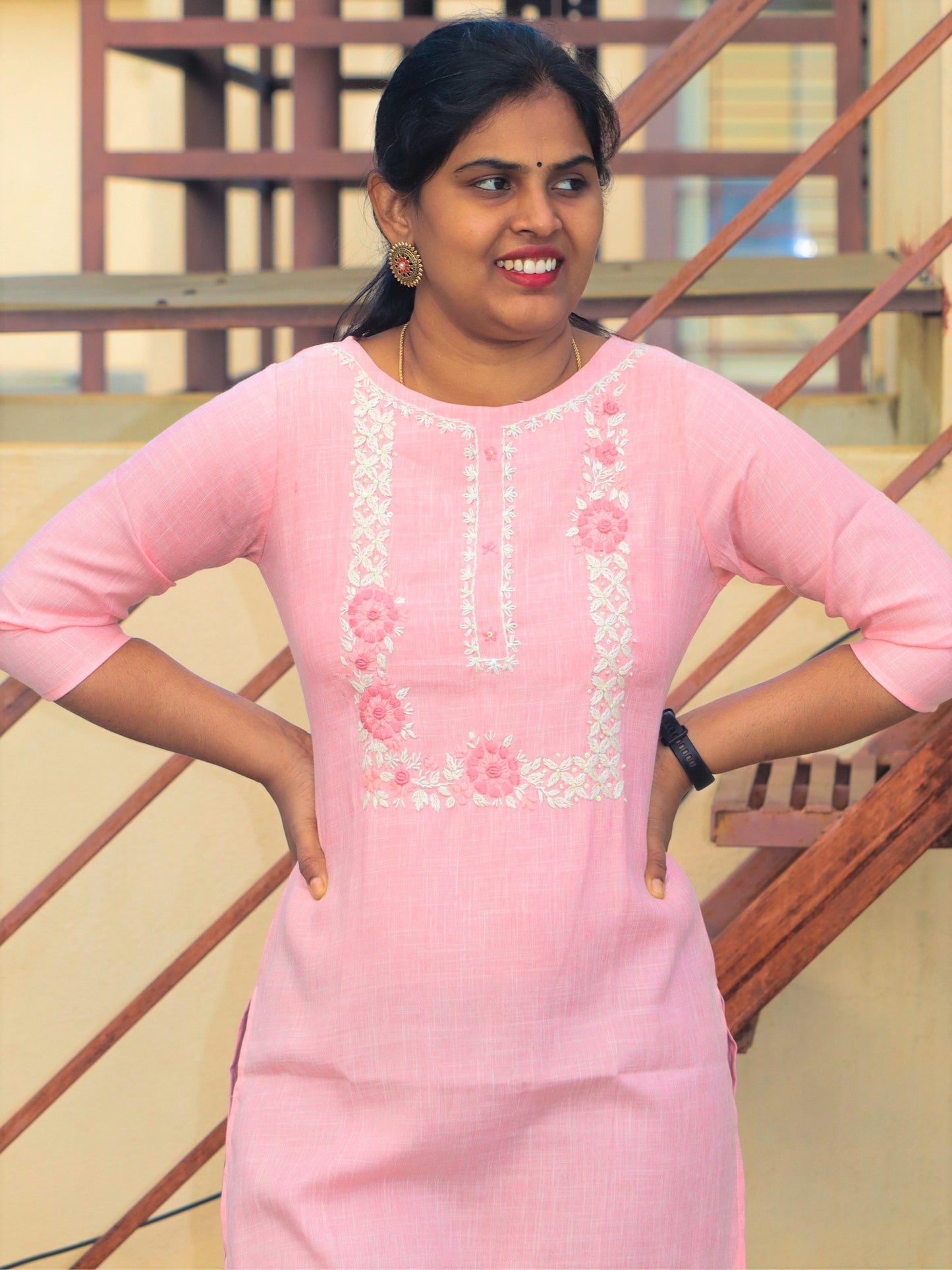 Dayamai - Linen cotton embriodered kurti - Baby Pink