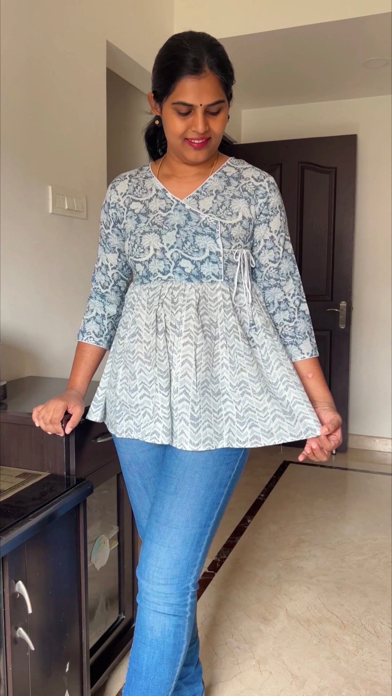 Tanaya - Block printed Angrakha Peplum Top - White