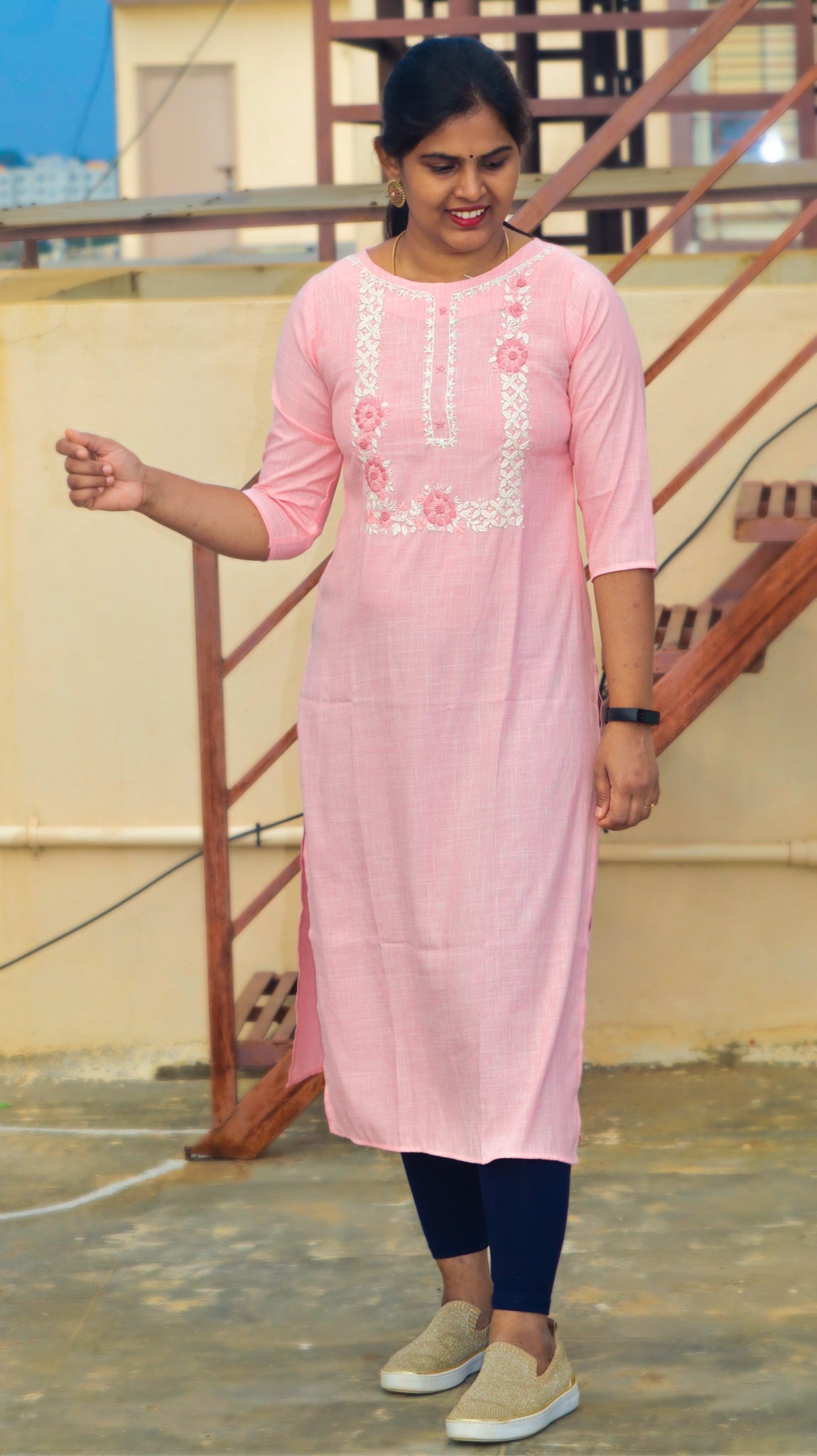 Dayamai - Linen cotton embriodered kurti - Baby Pink