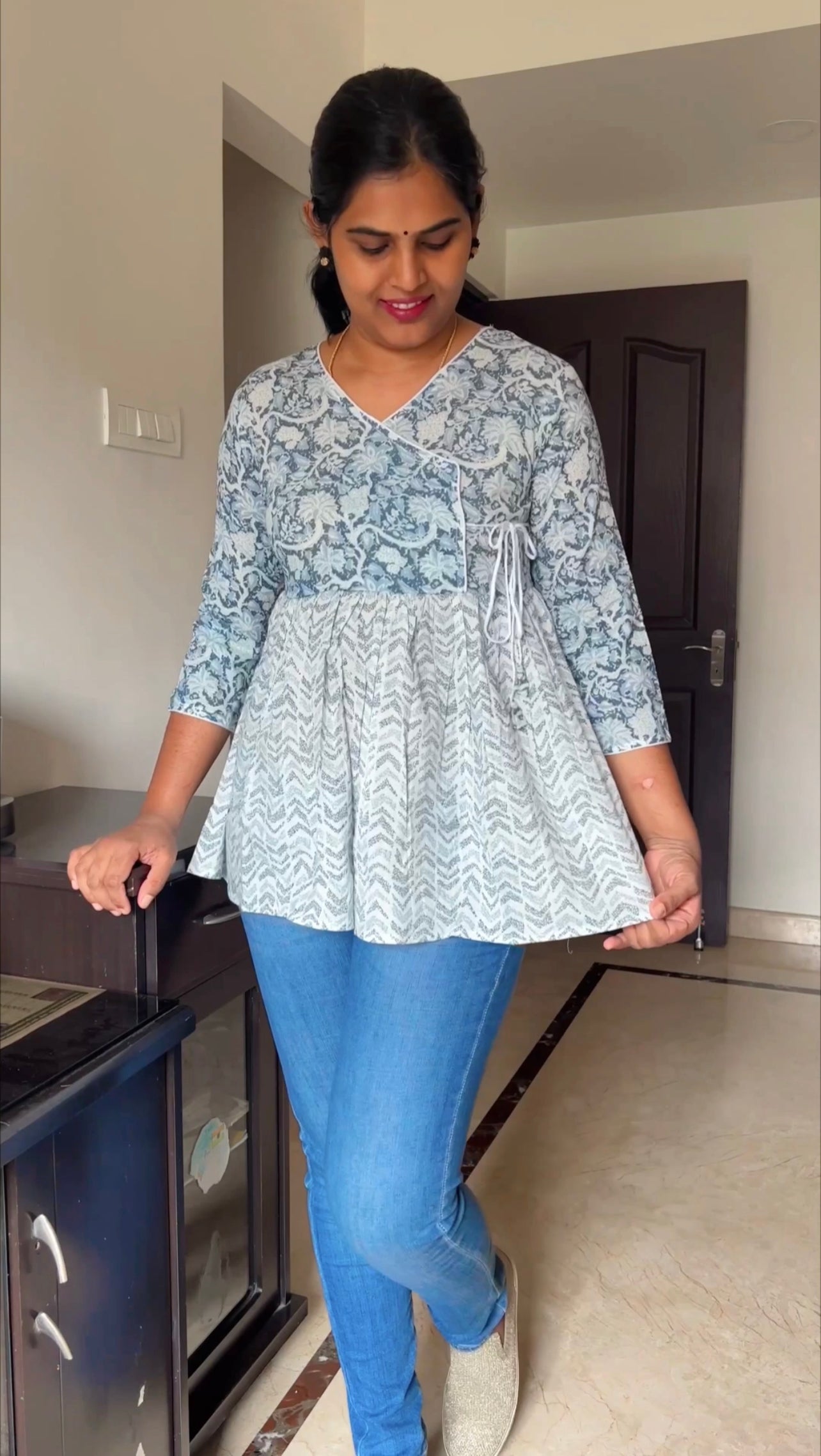 Tanaya - Block printed Angrakha Peplum Top - White