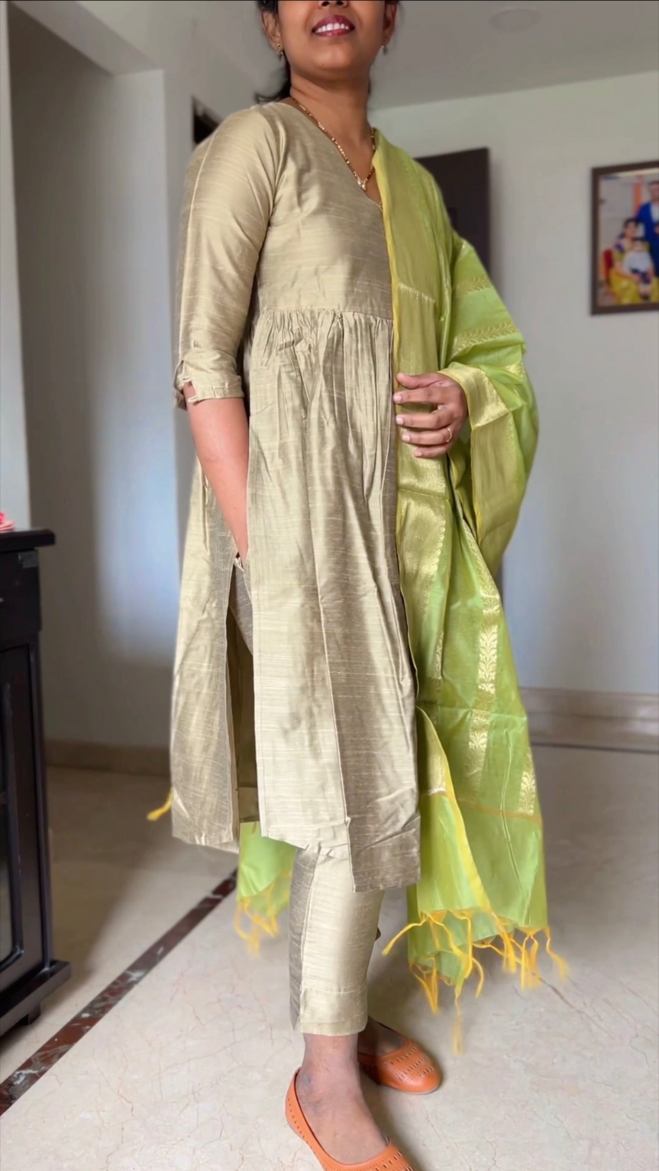 Aishwarya - Gold Silk cotton set with Pistachio banarasi dupatta